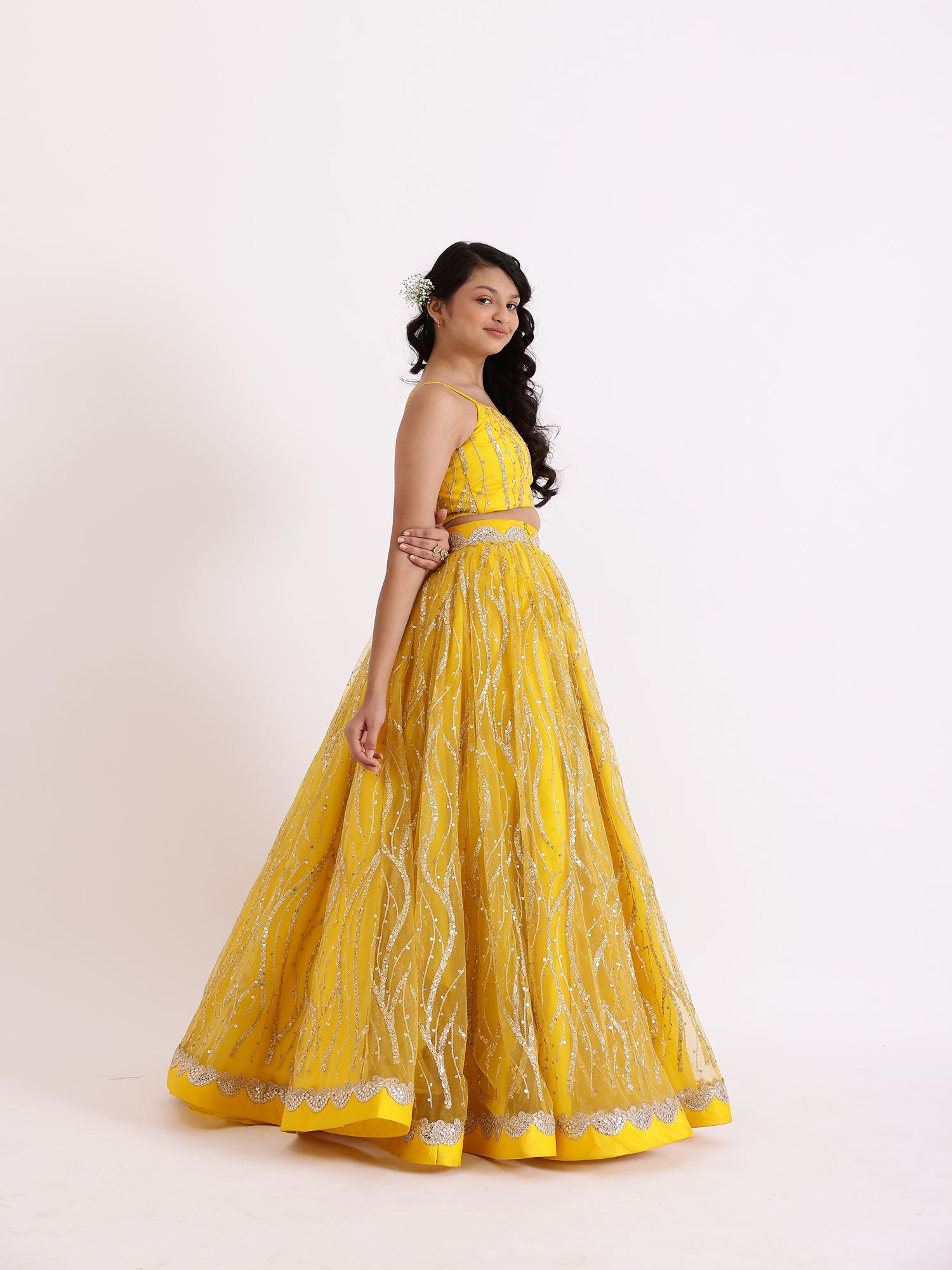 JANYAS CLOSET Embroidered Yellow Sequence Lehnga Skirt With Blouse