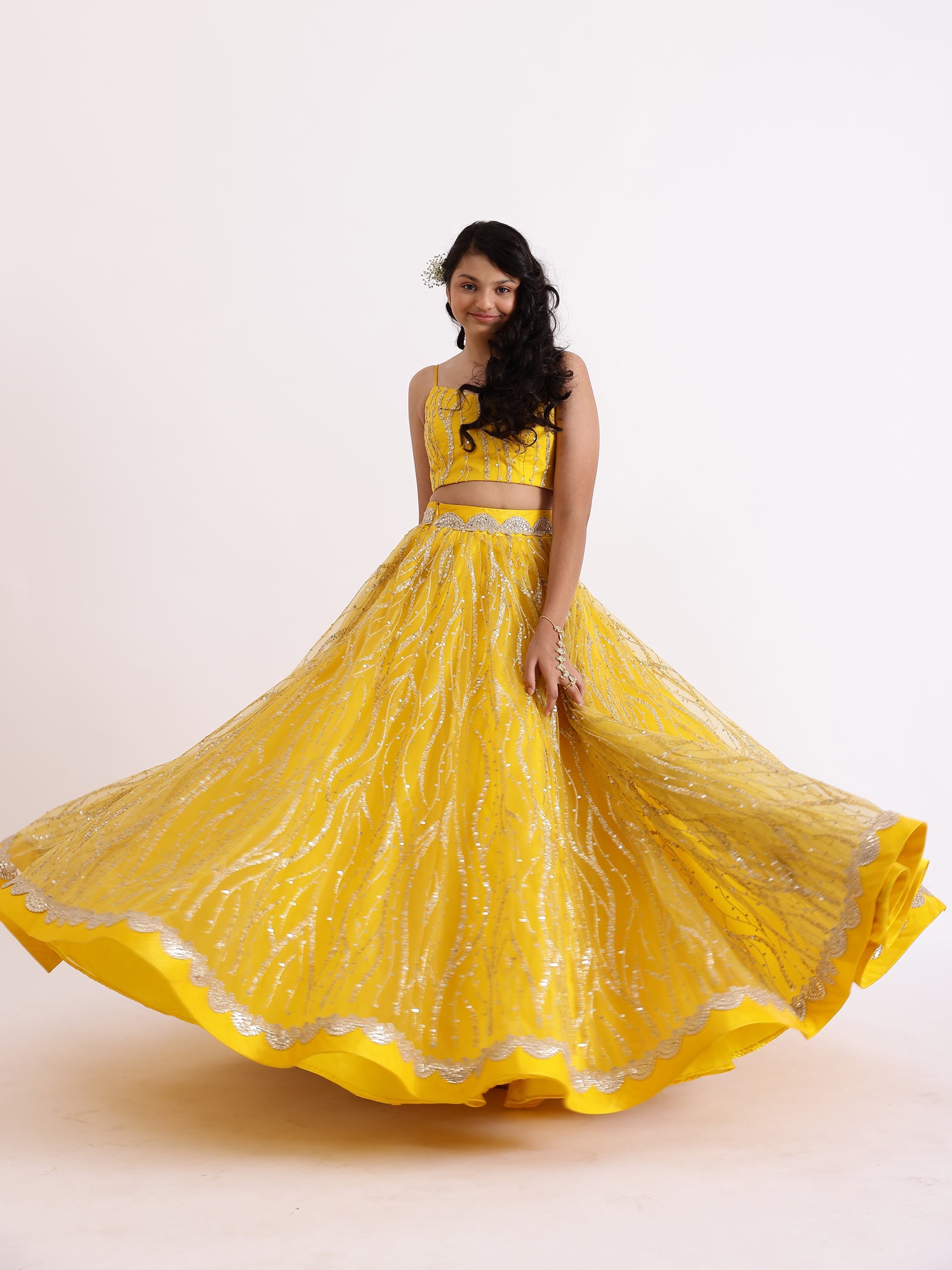 JANYAS CLOSET Embroidered Yellow Sequence Lehnga Skirt With Blouse