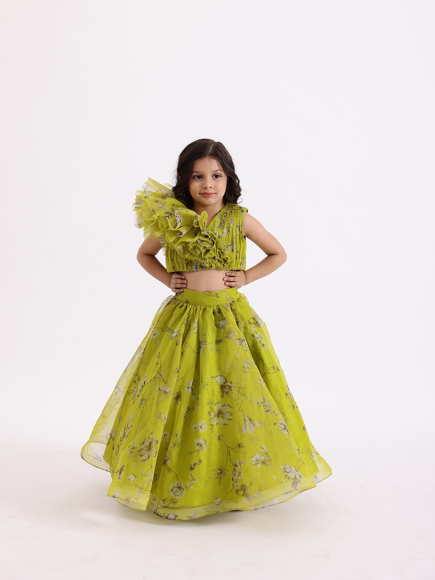 JANYAS CLOSET Green Printed Drape Blouse Top With Lehnga Skirt