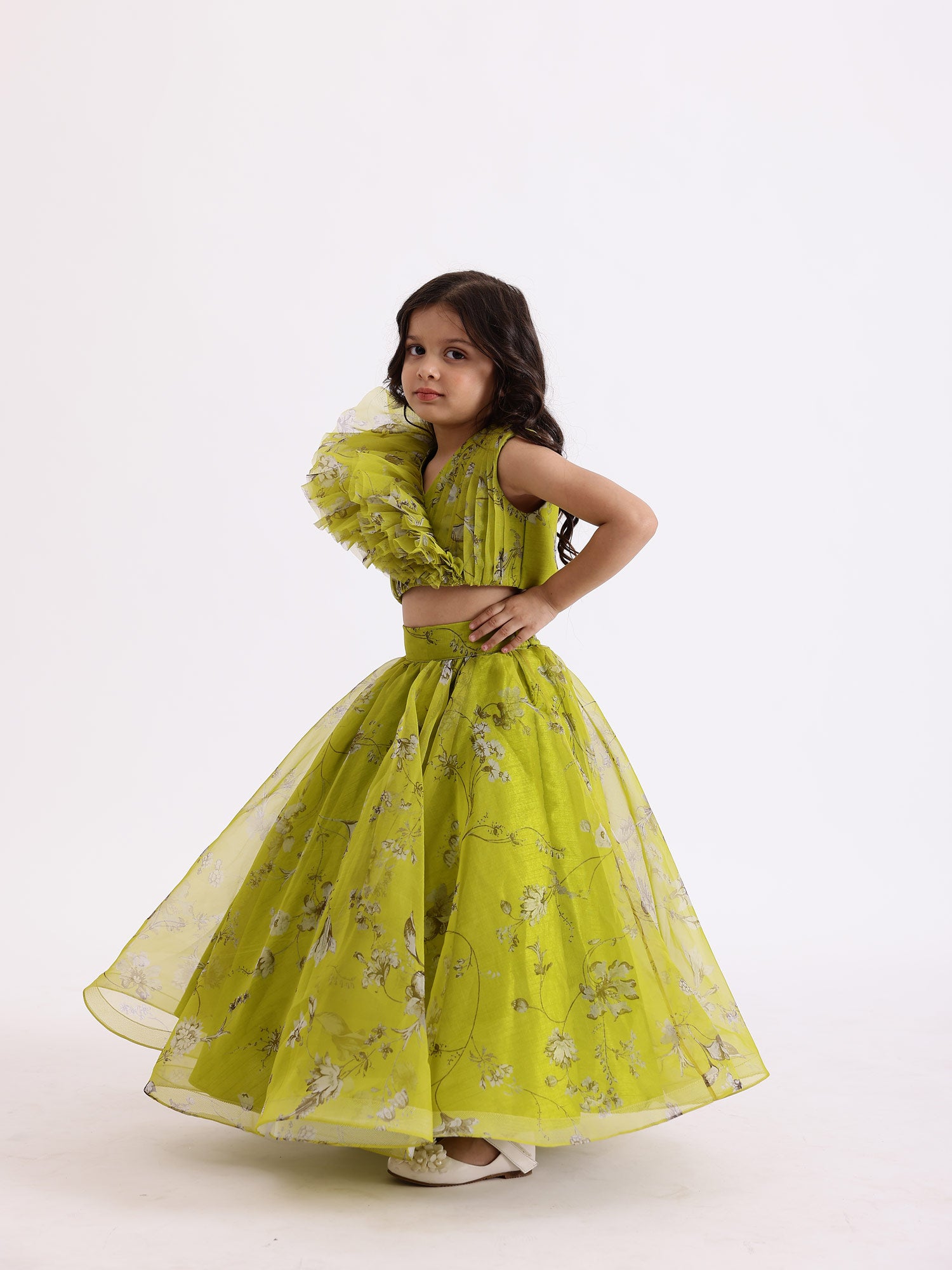 JANYAS CLOSET Green Printed Drape Blouse Top With Lehnga Skirt