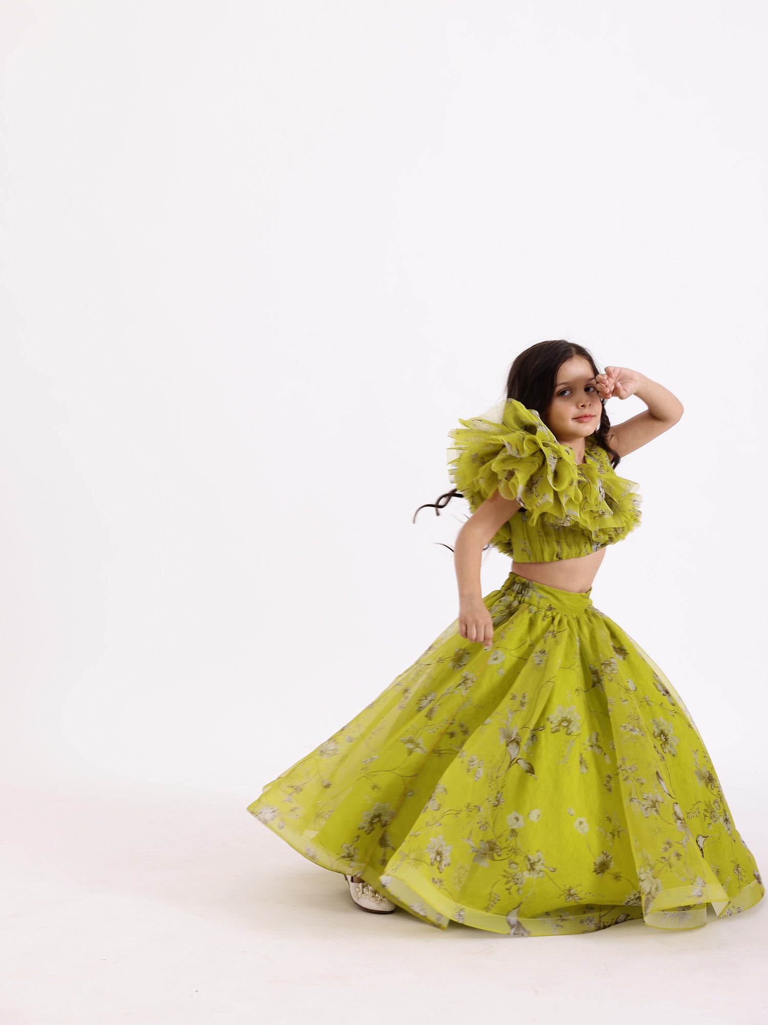 JANYAS CLOSET Green Printed Drape Blouse Top With Lehnga Skirt