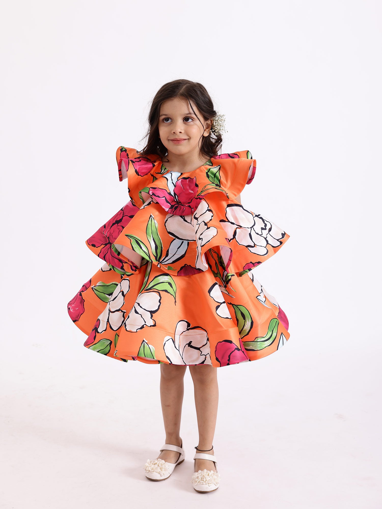 JANYAS CLOSET Orange Bold Floral Print Layered Dress