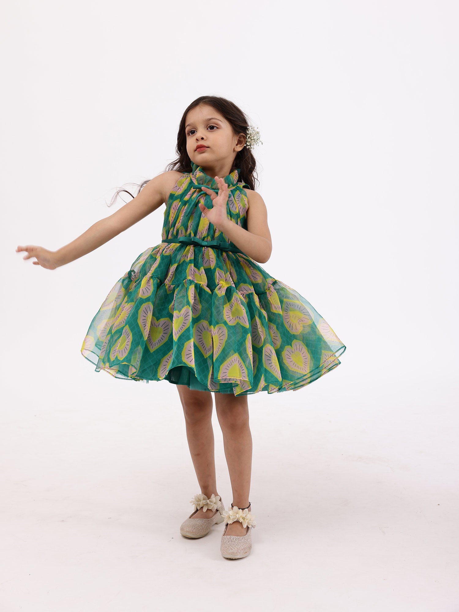 JANYAS CLOSET Green Printed Heart Party Dress With Hair Pin*