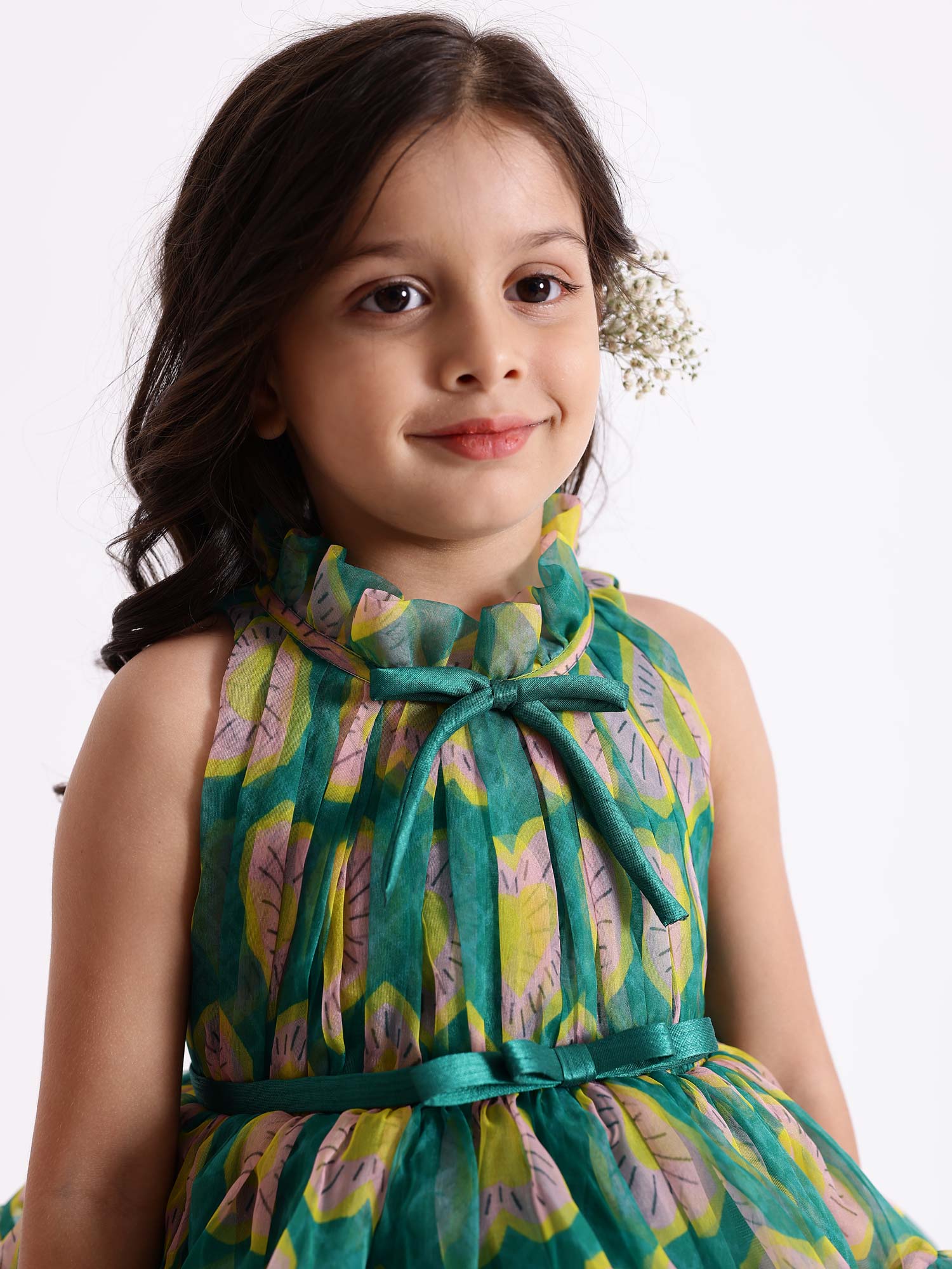 JANYAS CLOSET Green Printed Heart Party Dress With Hair Pin*