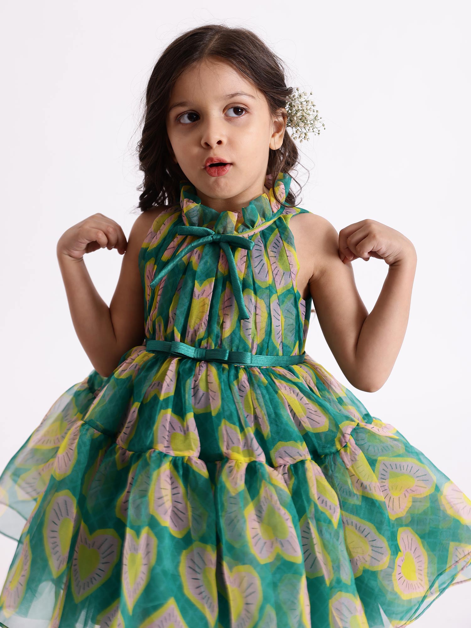 JANYAS CLOSET Green Printed Heart Party Dress With Hair Pin*