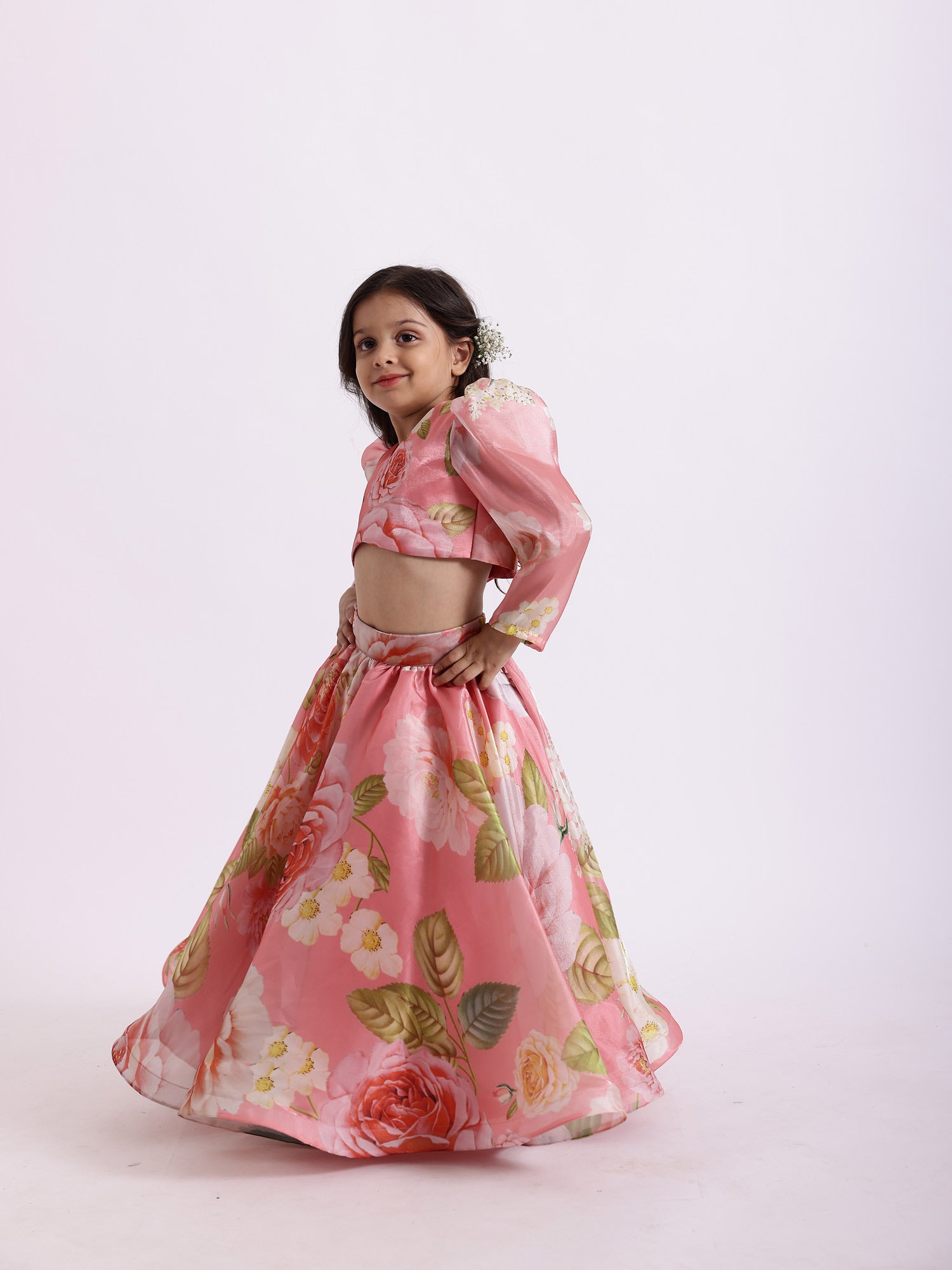 JANYAS CLOSET Peach Pink Printed Floral Poppies Top With Skirt Lehnga