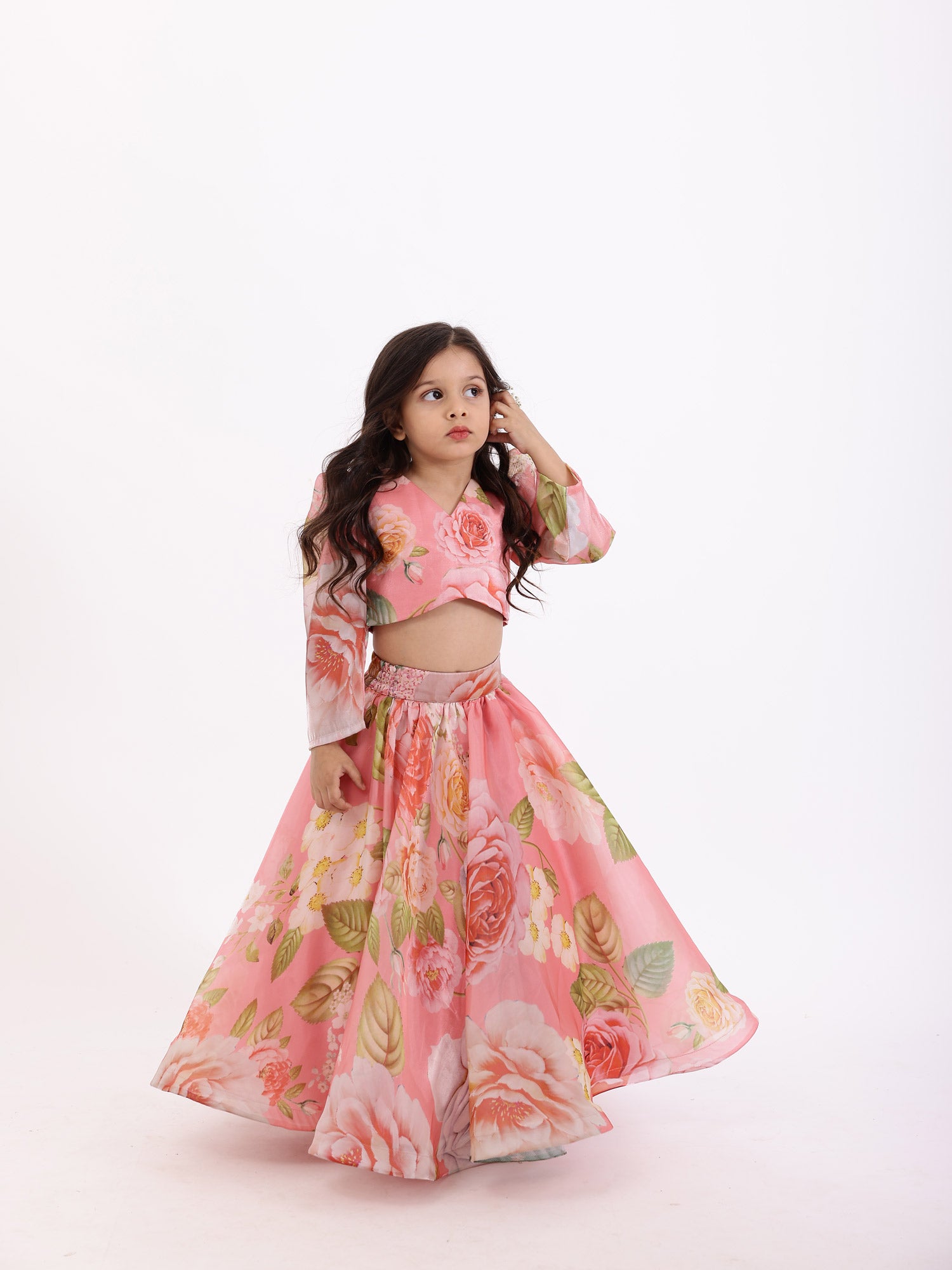 JANYAS CLOSET Peach Pink Printed Floral Poppies Top With Skirt Lehnga