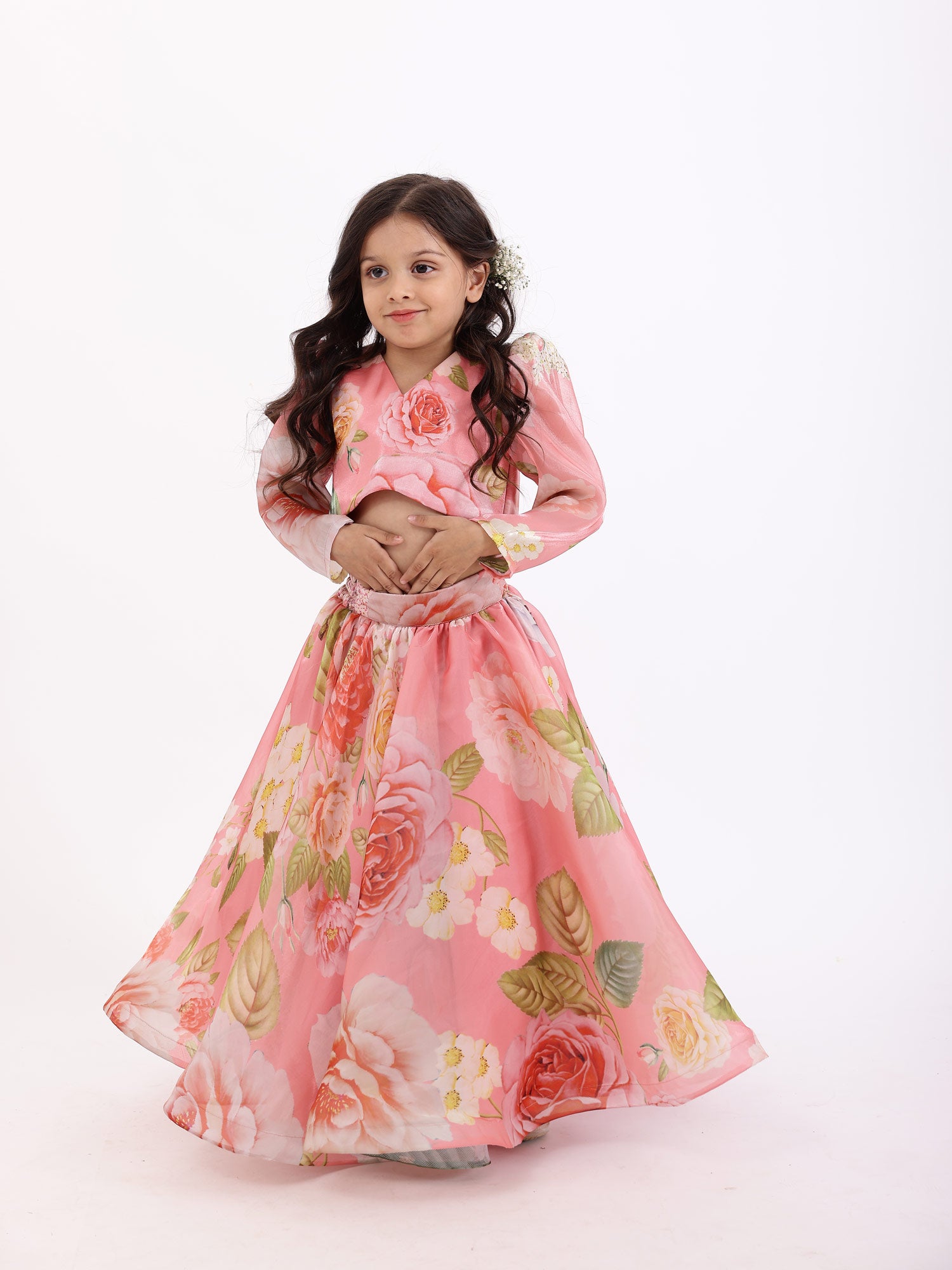 JANYAS CLOSET Peach Pink Printed Floral Poppies Top With Skirt Lehnga