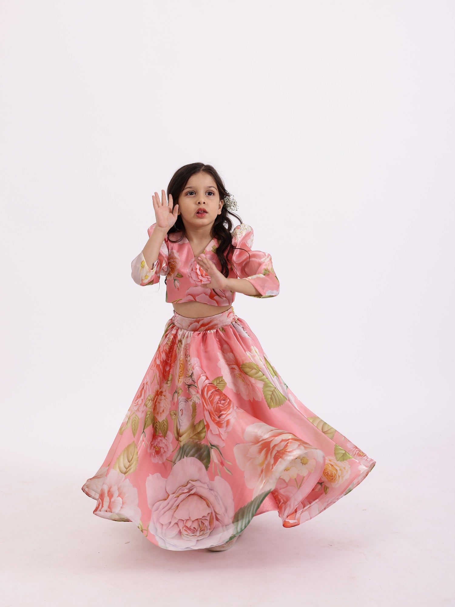 JANYAS CLOSET Peach Pink Printed Floral Poppies Top With Skirt Lehnga