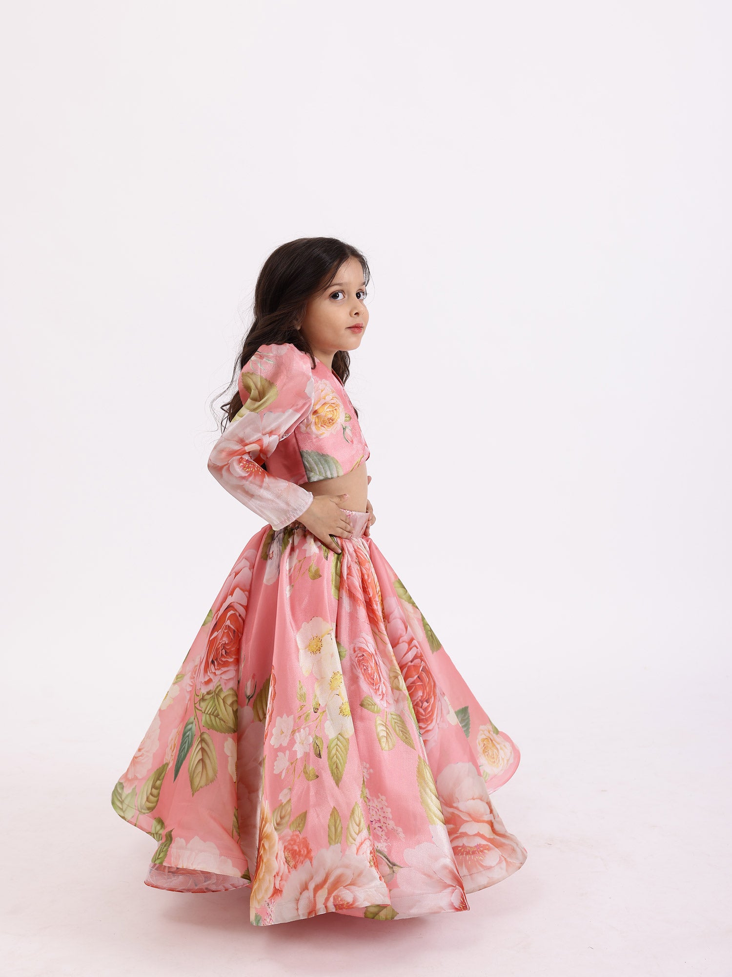 JANYAS CLOSET Peach Pink Printed Floral Poppies Top With Skirt Lehnga