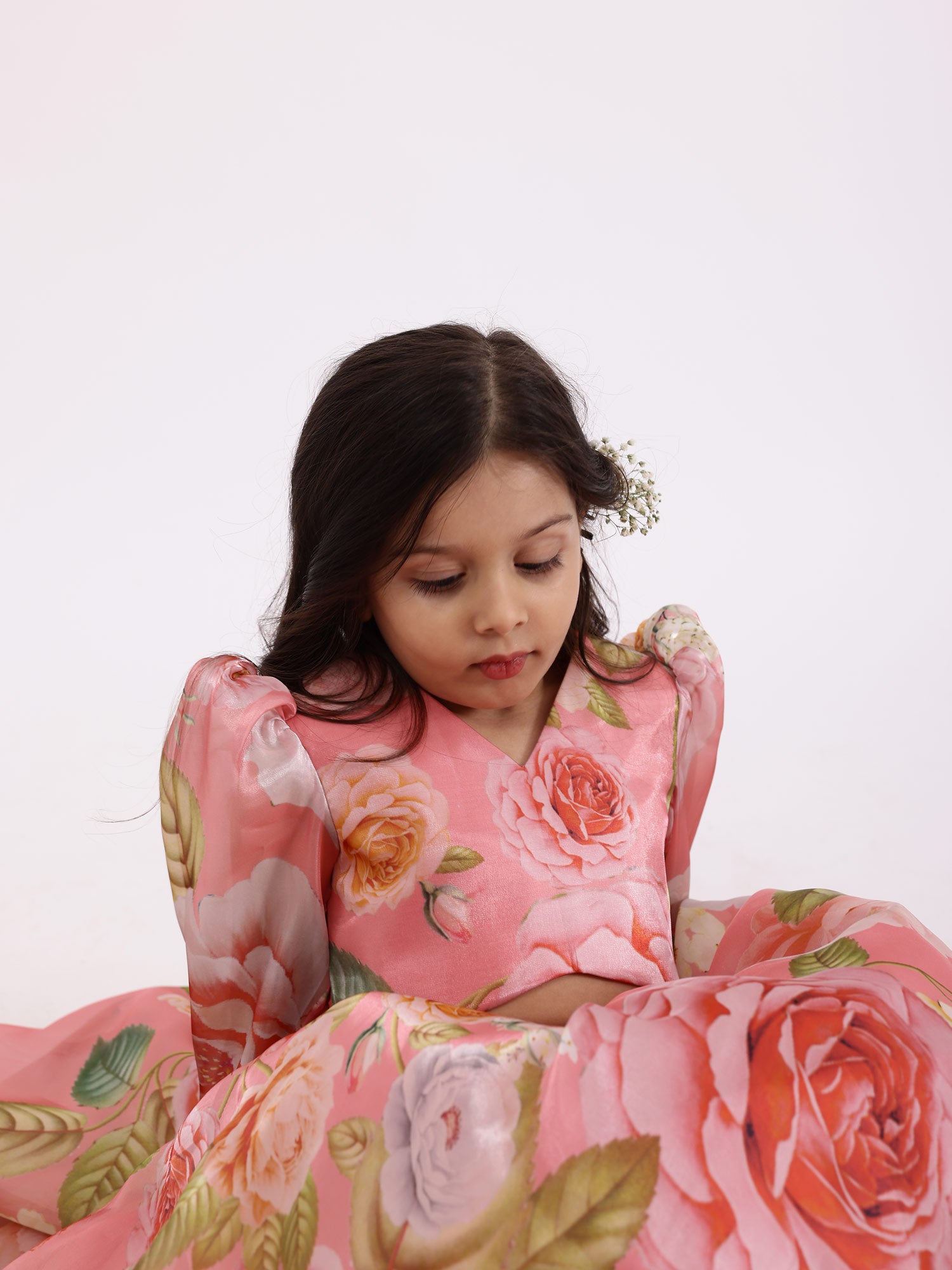 JANYAS CLOSET Peach Pink Printed Floral Poppies Top With Skirt Lehnga