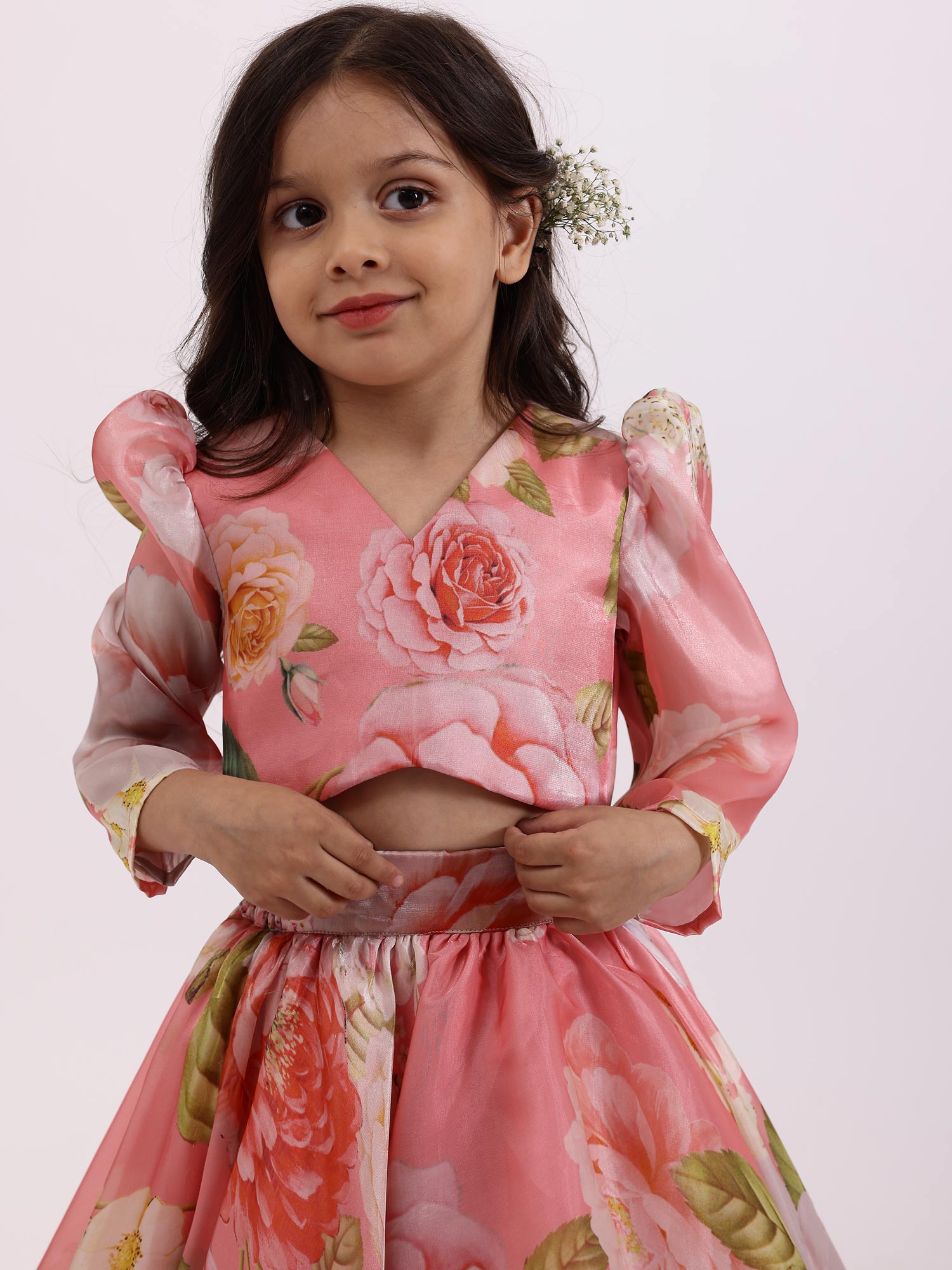 JANYAS CLOSET Peach Pink Printed Floral Poppies Top With Skirt Lehnga