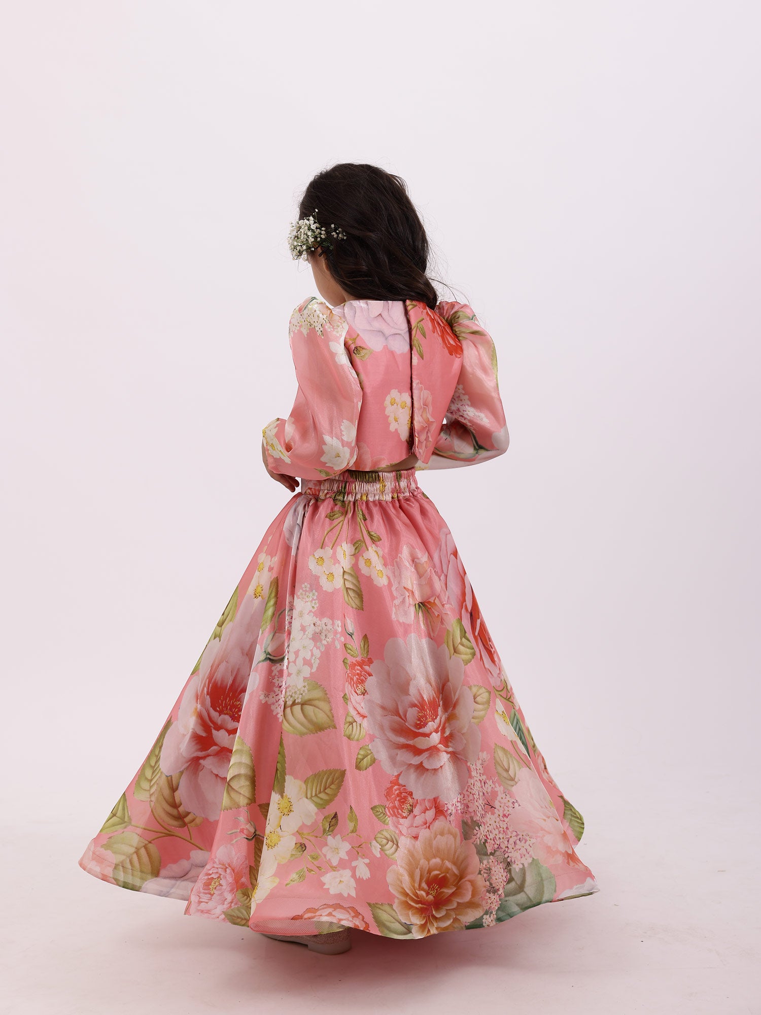 JANYAS CLOSET Peach Pink Printed Floral Poppies Top With Skirt Lehnga