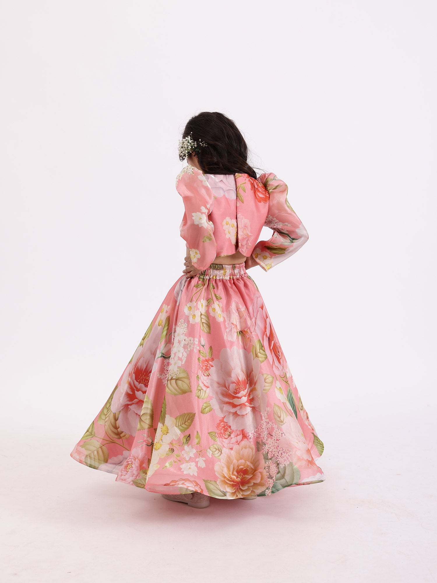 JANYAS CLOSET Peach Pink Printed Floral Poppies Top With Skirt Lehnga