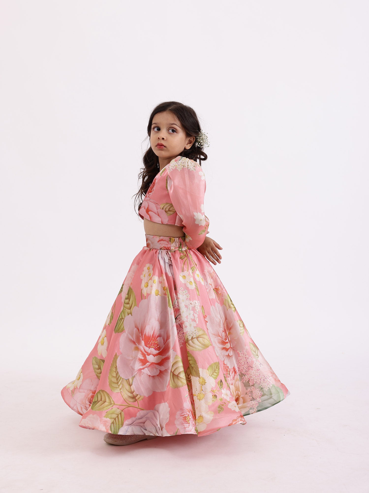 JANYAS CLOSET Peach Pink Printed Floral Poppies Top With Skirt Lehnga