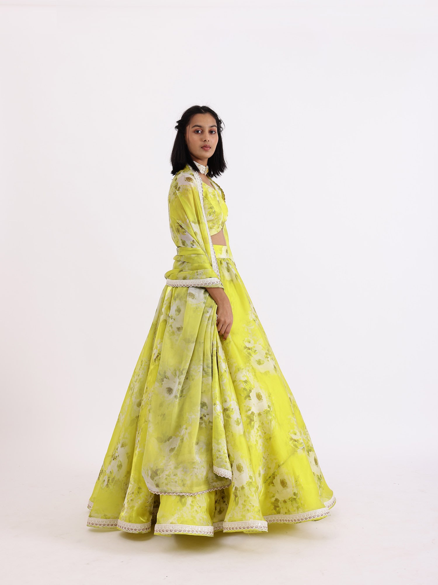 JANYAS CLOSET Lime Green Printed Lehenga Set With Dupatta