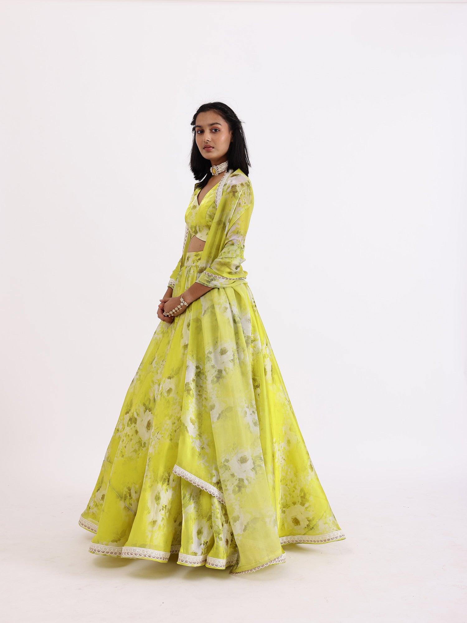 JANYAS CLOSET Lime Green Printed Lehenga Set With Dupatta