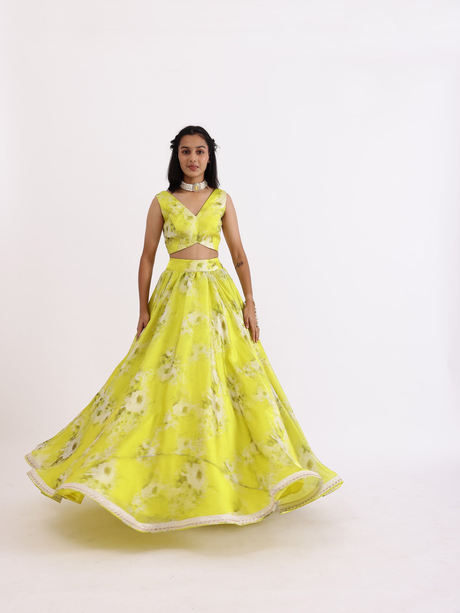 JANYAS CLOSET Lime Green Printed Lehenga Set With Dupatta