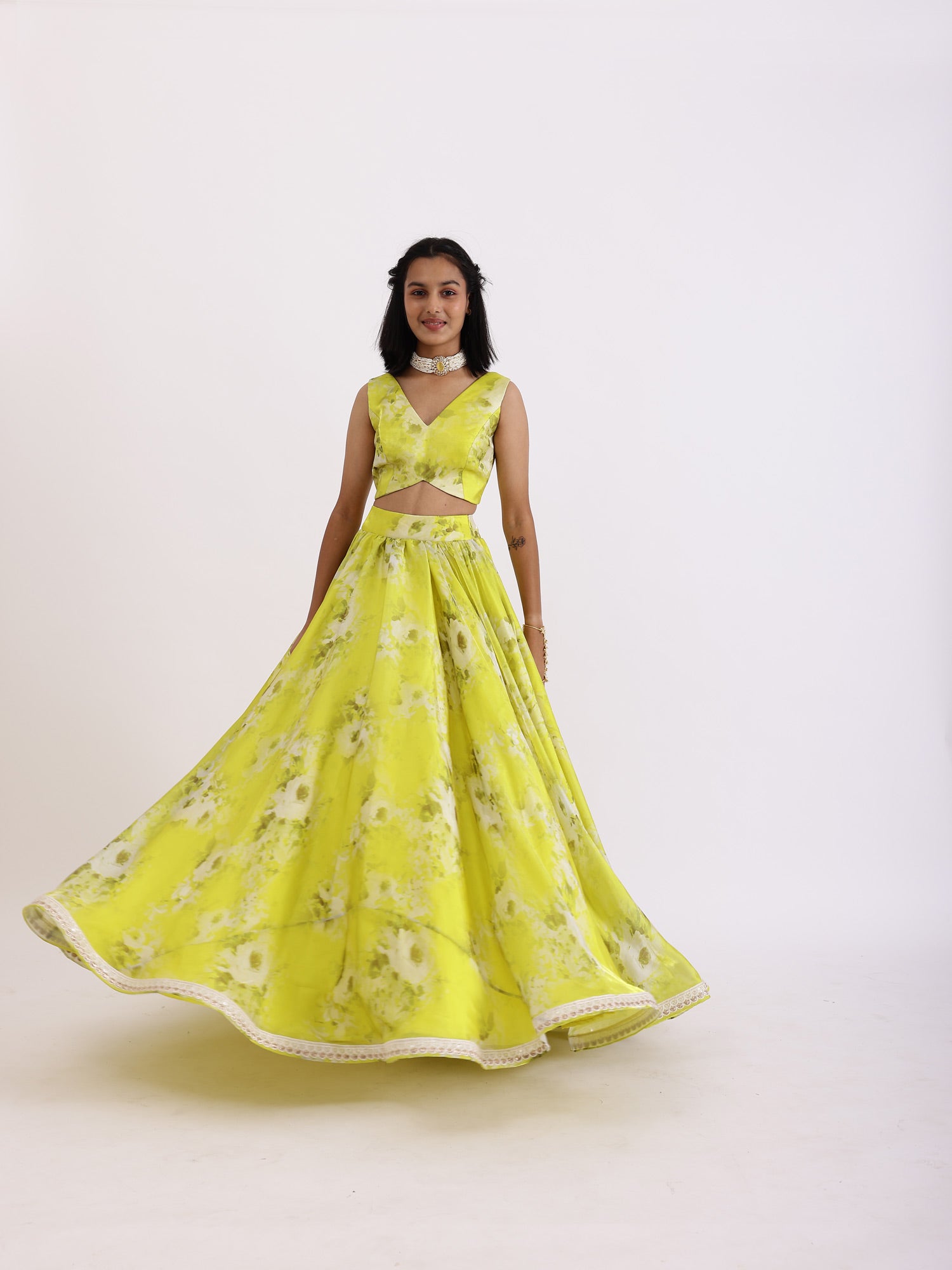 JANYAS CLOSET Lime Green Printed Lehenga Set With Dupatta