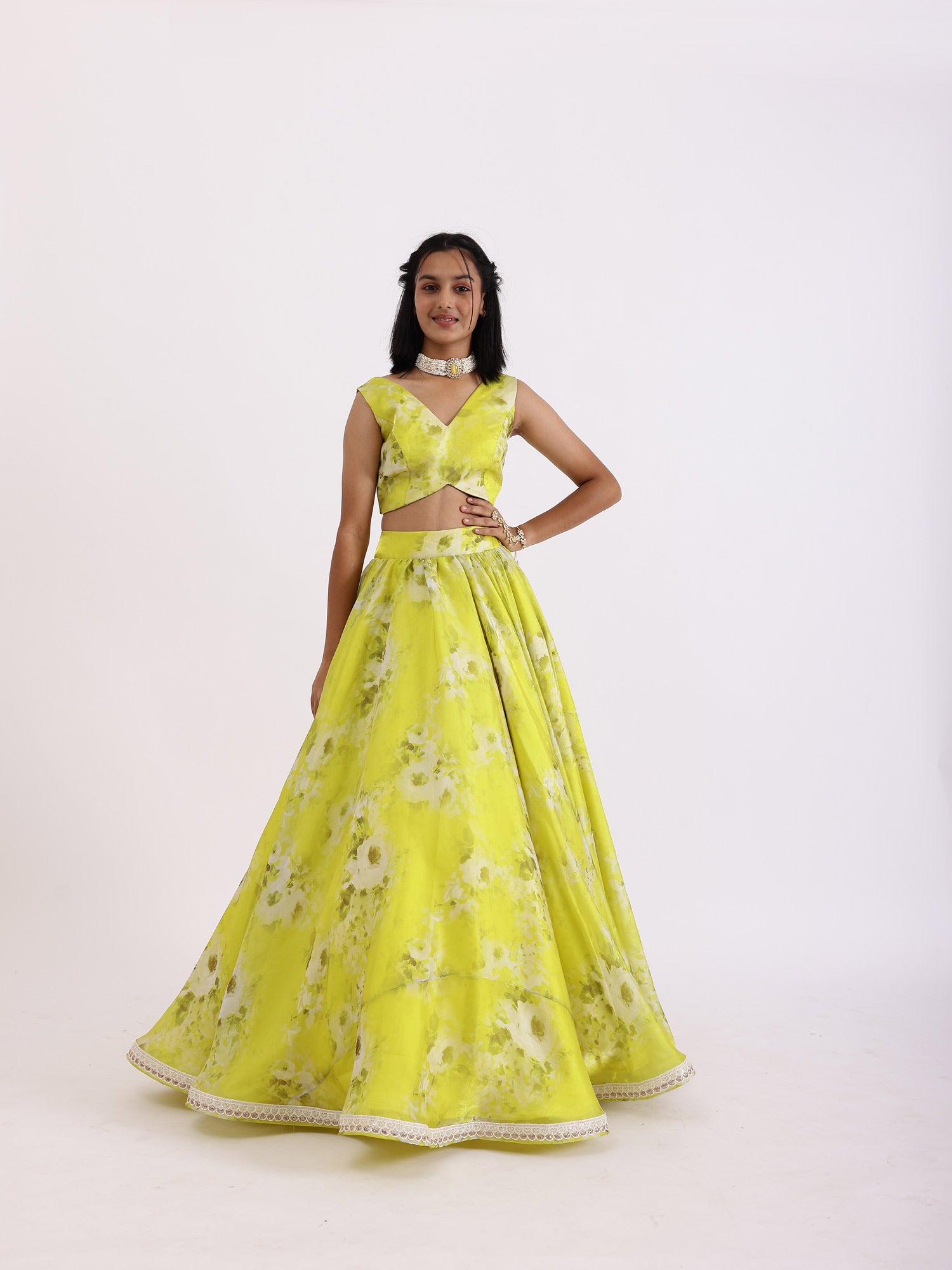 JANYAS CLOSET Lime Green Printed Lehenga Set With Dupatta