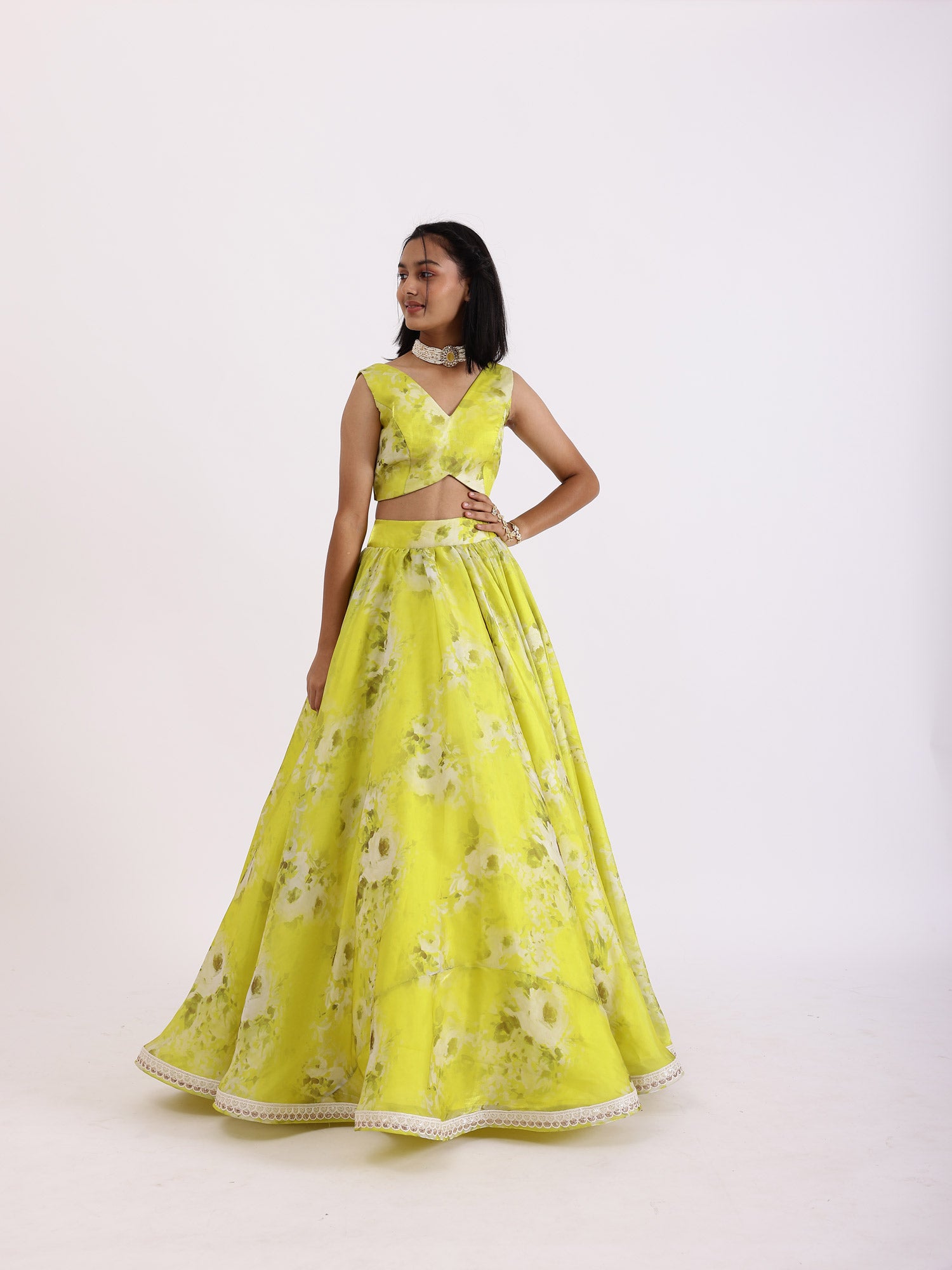 JANYAS CLOSET Lime Green Printed Lehenga Set With Dupatta