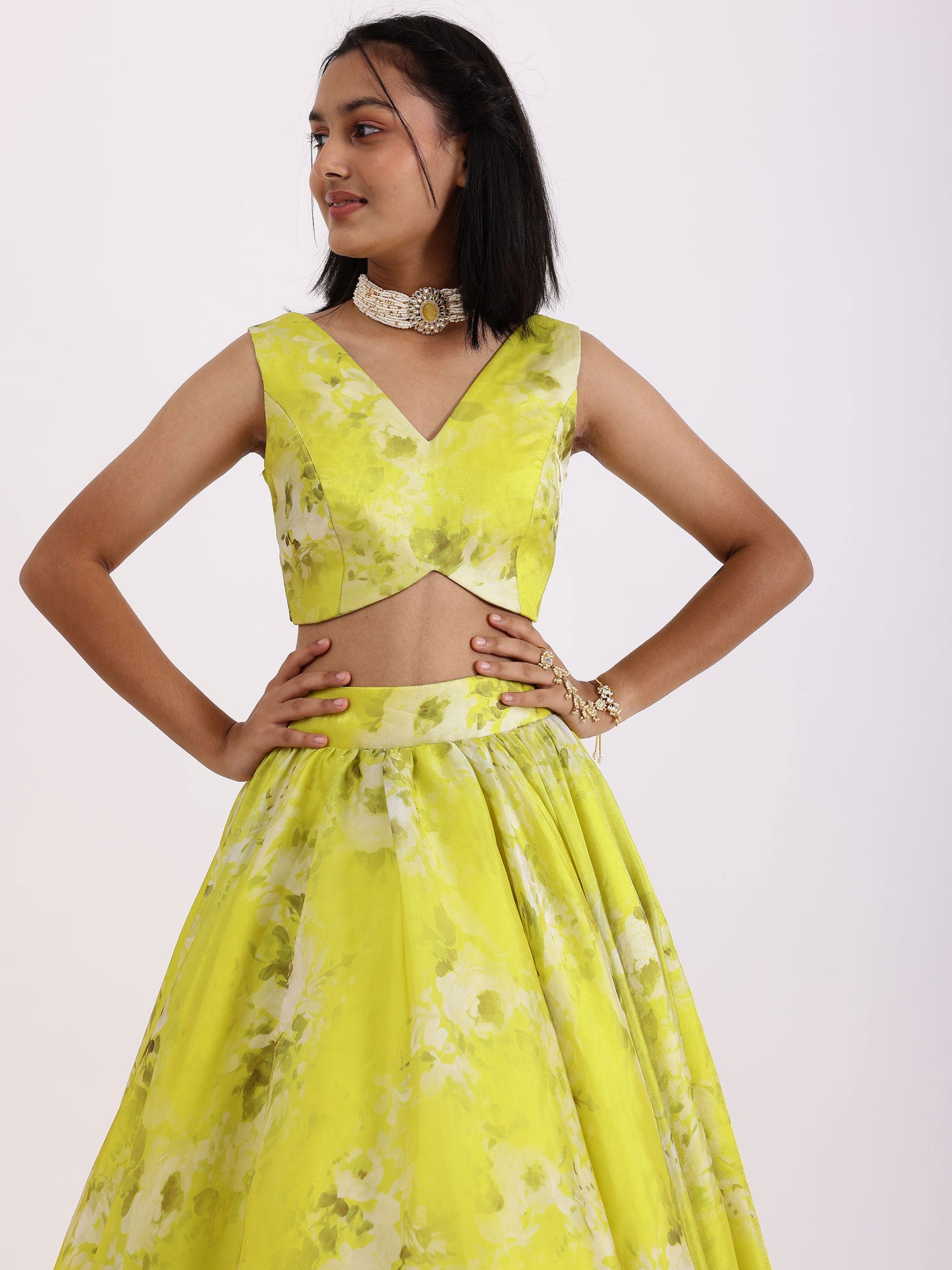 JANYAS CLOSET Lime Green Printed Lehenga Set With Dupatta