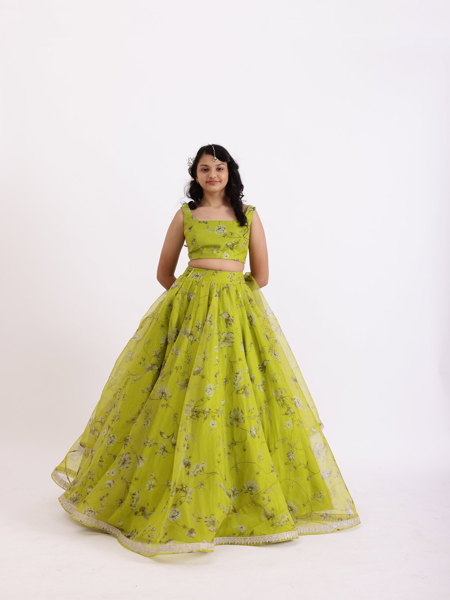 JANYAS CLOSET Green Radha Printed Bustier Top Lehnga Set