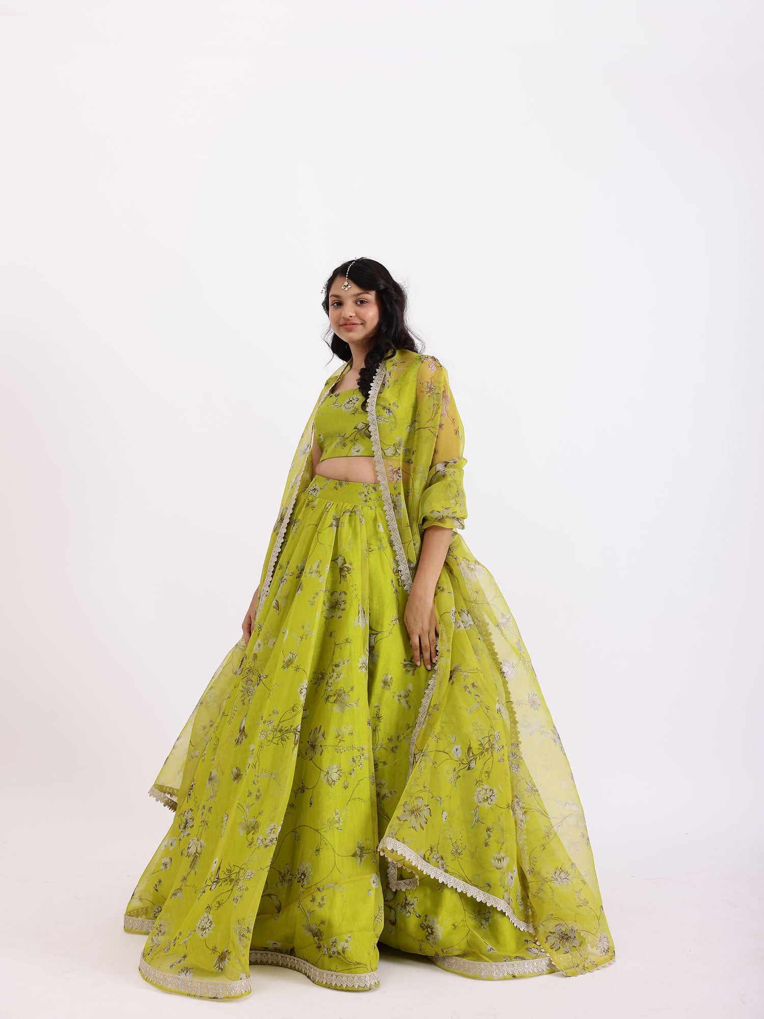 JANYAS CLOSET Green Radha Printed Bustier Top Lehnga Set