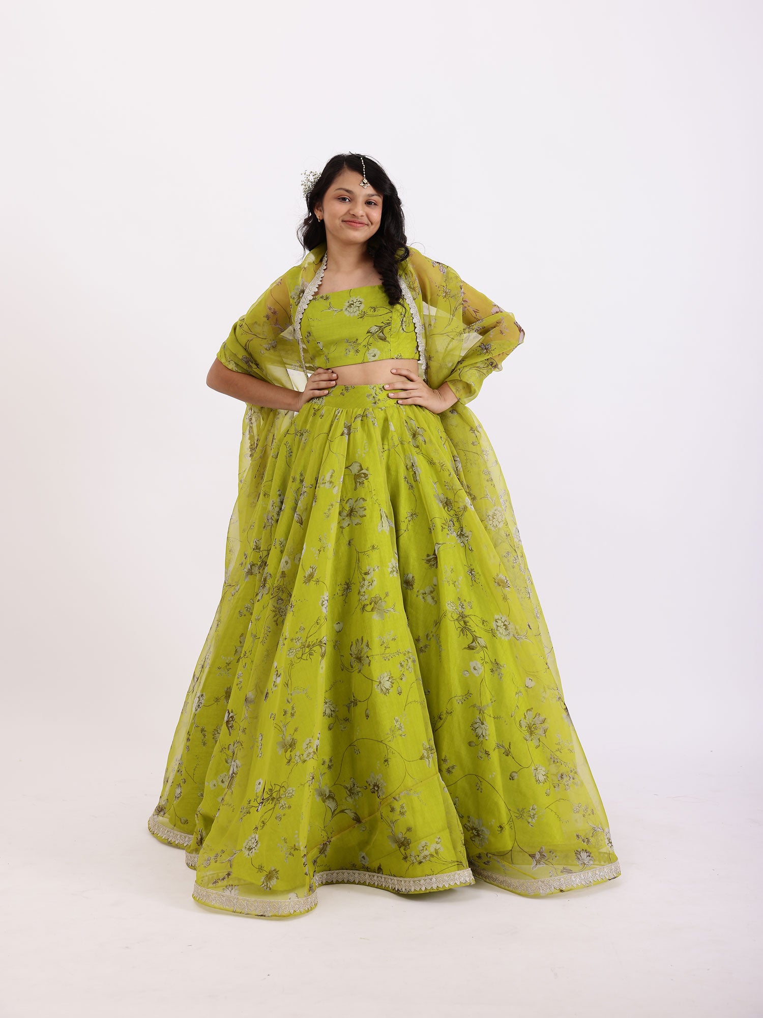 JANYAS CLOSET Green Radha Printed Bustier Top Lehnga Set