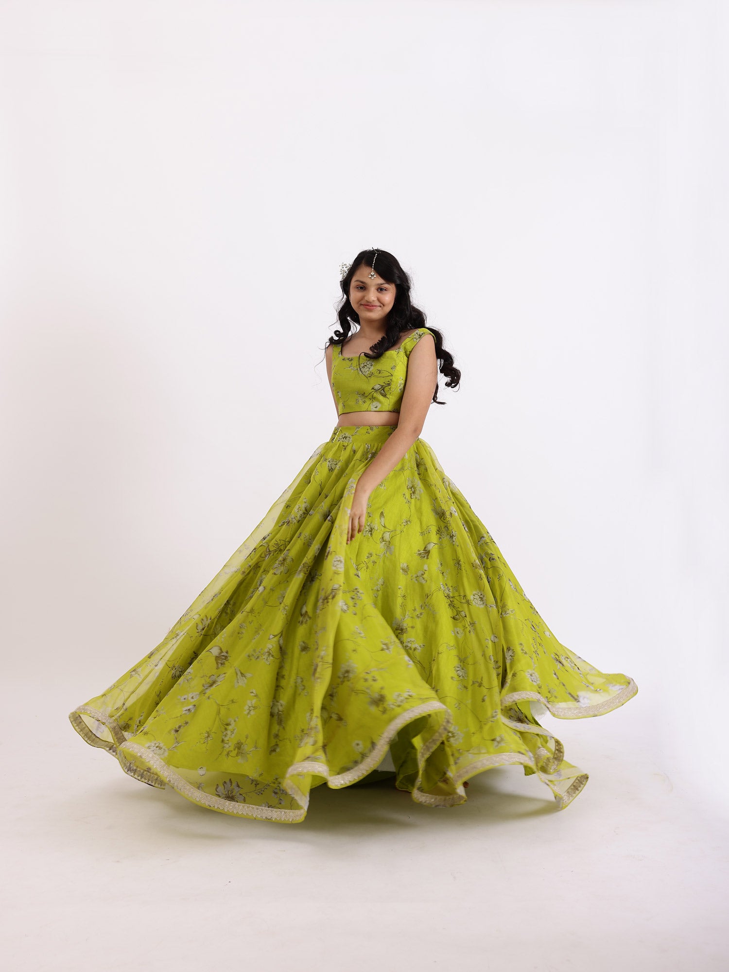 JANYAS CLOSET Green Radha Printed Bustier Top Lehnga Set