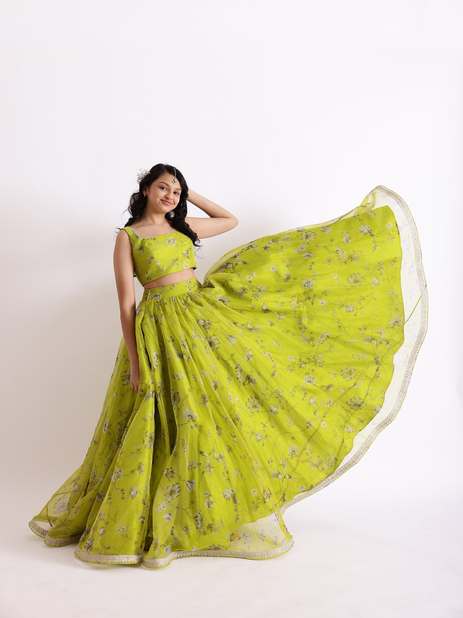 JANYAS CLOSET Green Radha Printed Bustier Top Lehnga Set