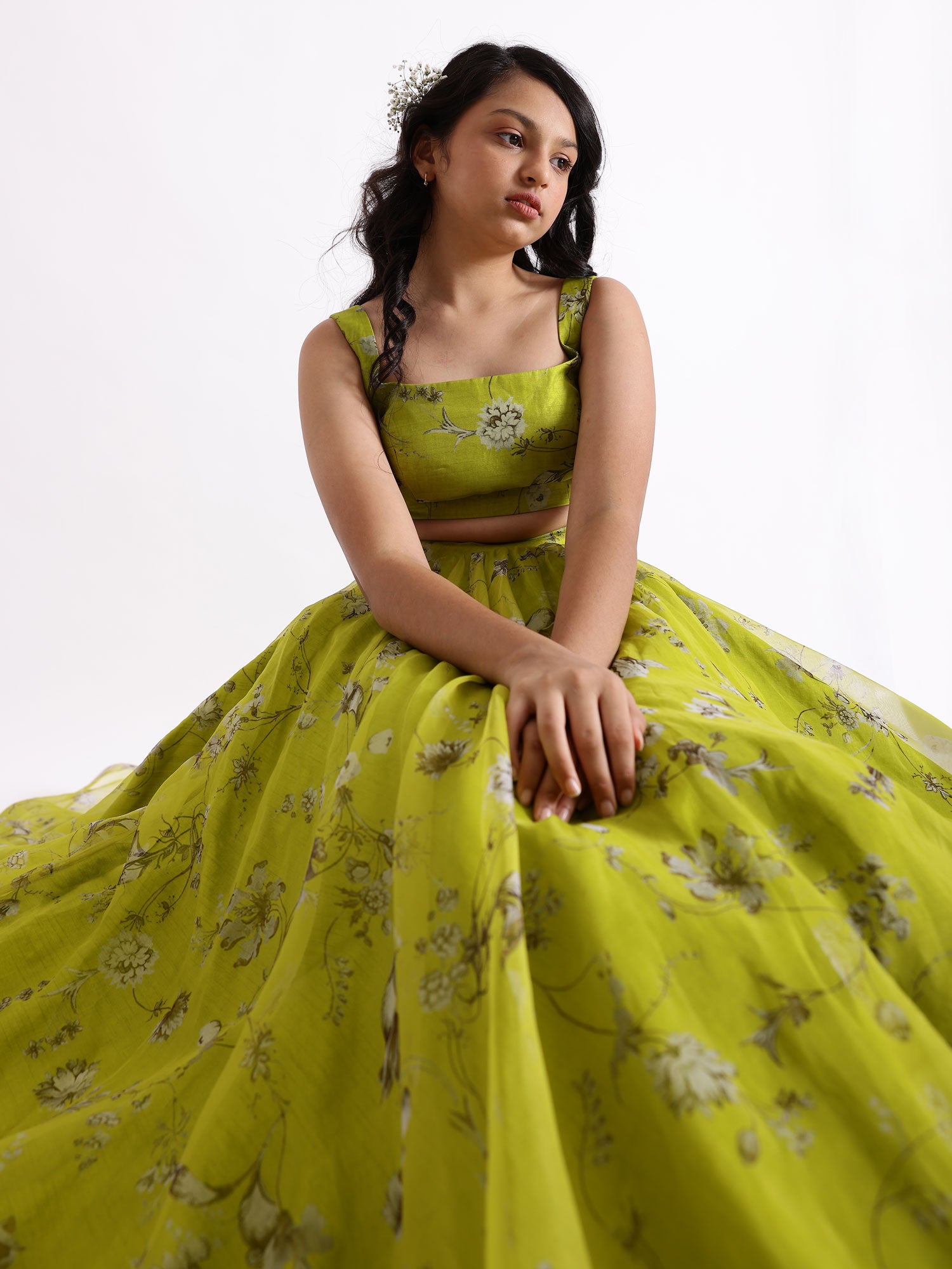 JANYAS CLOSET Green Radha Printed Bustier Top Lehnga Set