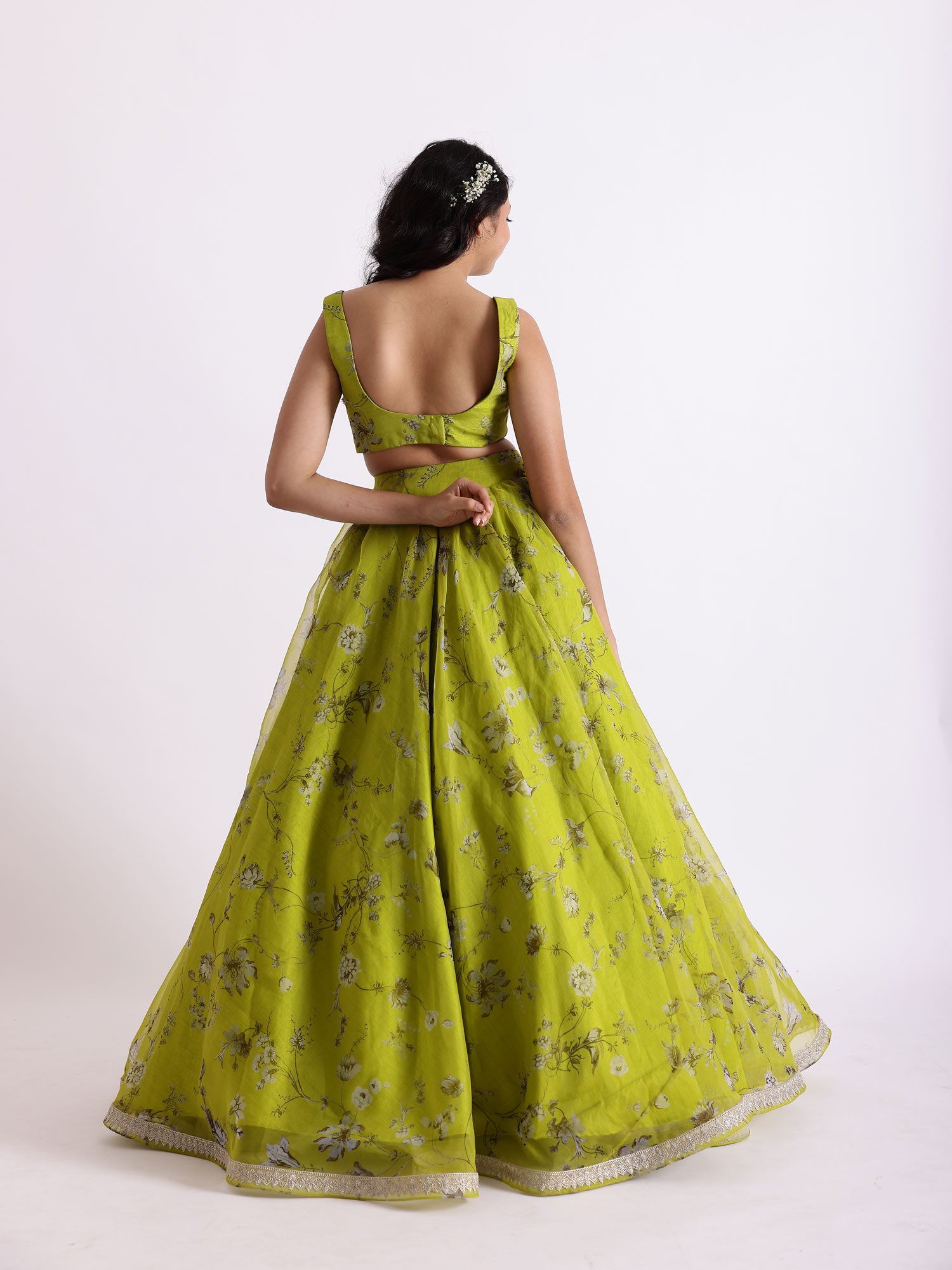 JANYAS CLOSET Green Radha Printed Bustier Top Lehnga Set