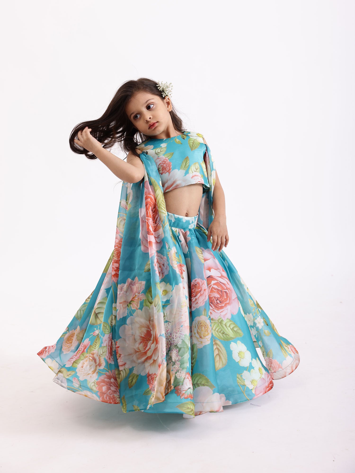 JANYAS CLOSET Blue Printed Flowers Draped Cape Top With Skirt Lehenga