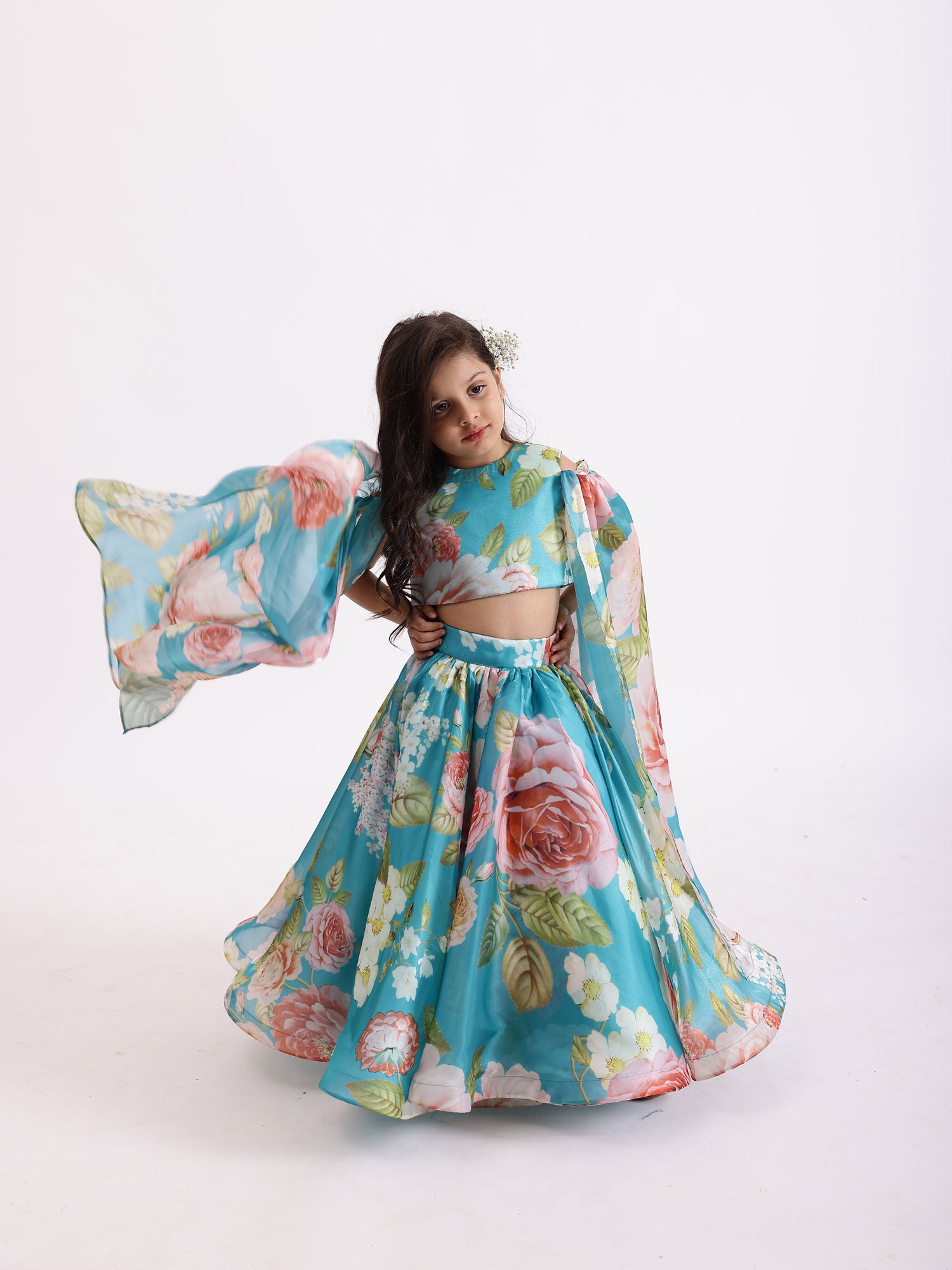 JANYAS CLOSET Blue Printed Flowers Draped Cape Top With Skirt Lehenga