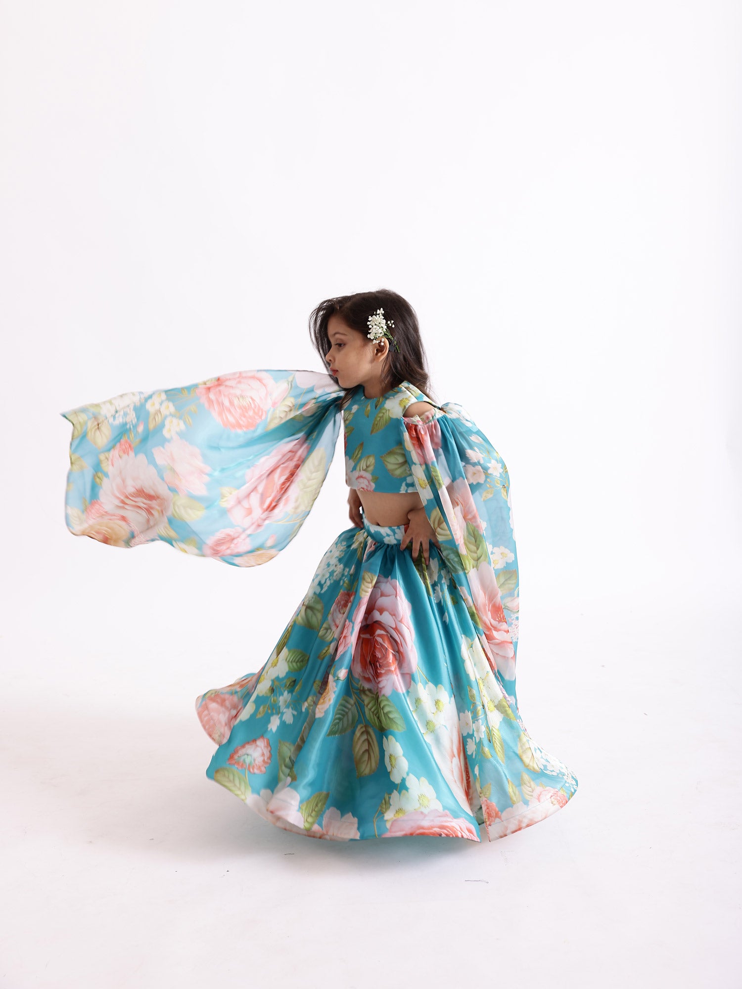 JANYAS CLOSET Blue Printed Flowers Draped Cape Top With Skirt Lehenga