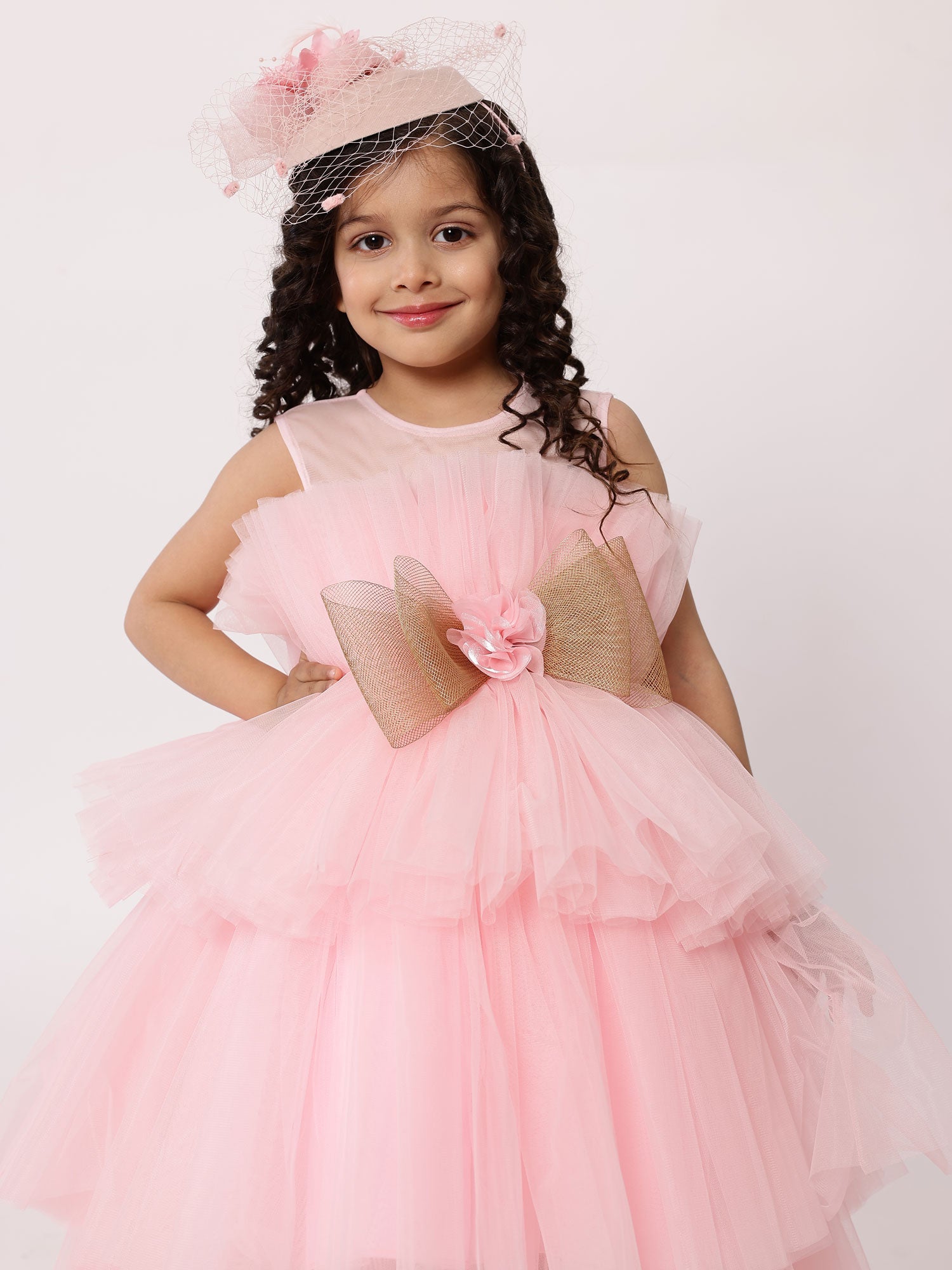 Arha Pink High- Low Gown With Hair Accessory