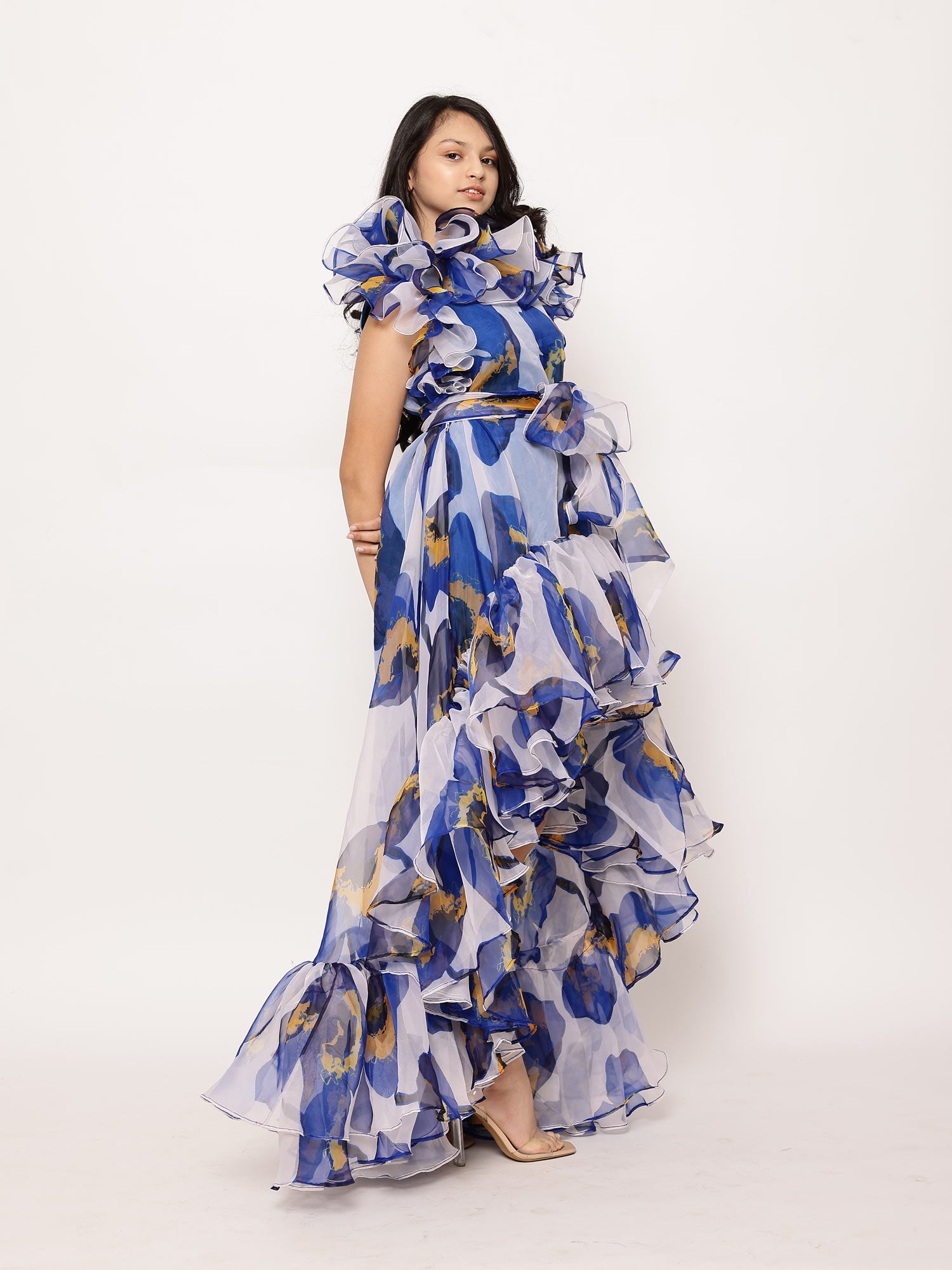 JANYAS CLOSET Blue Floral Printed High-Low Ruffle Dress