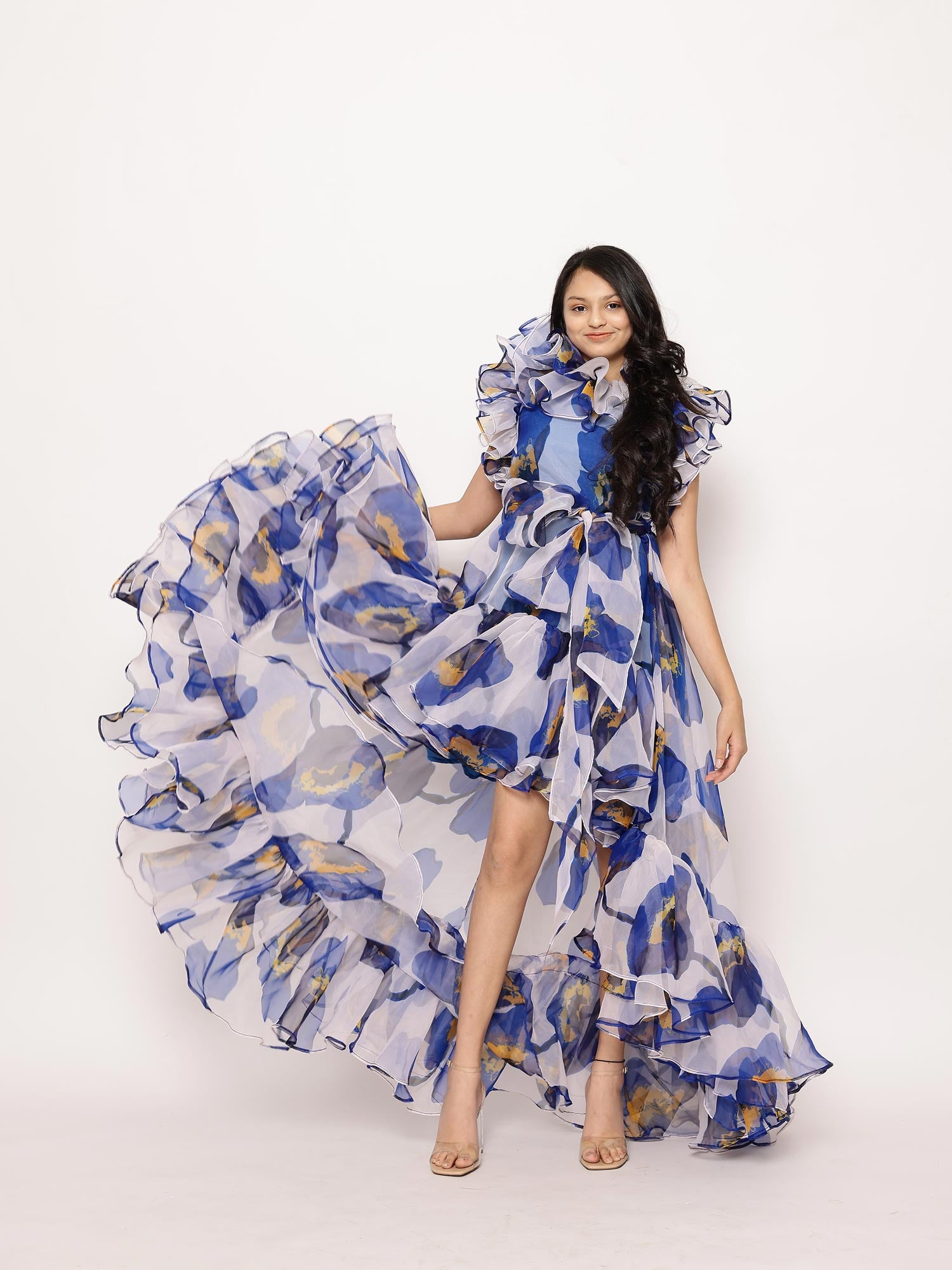 JANYAS CLOSET Blue Floral Printed High-Low Ruffle Dress