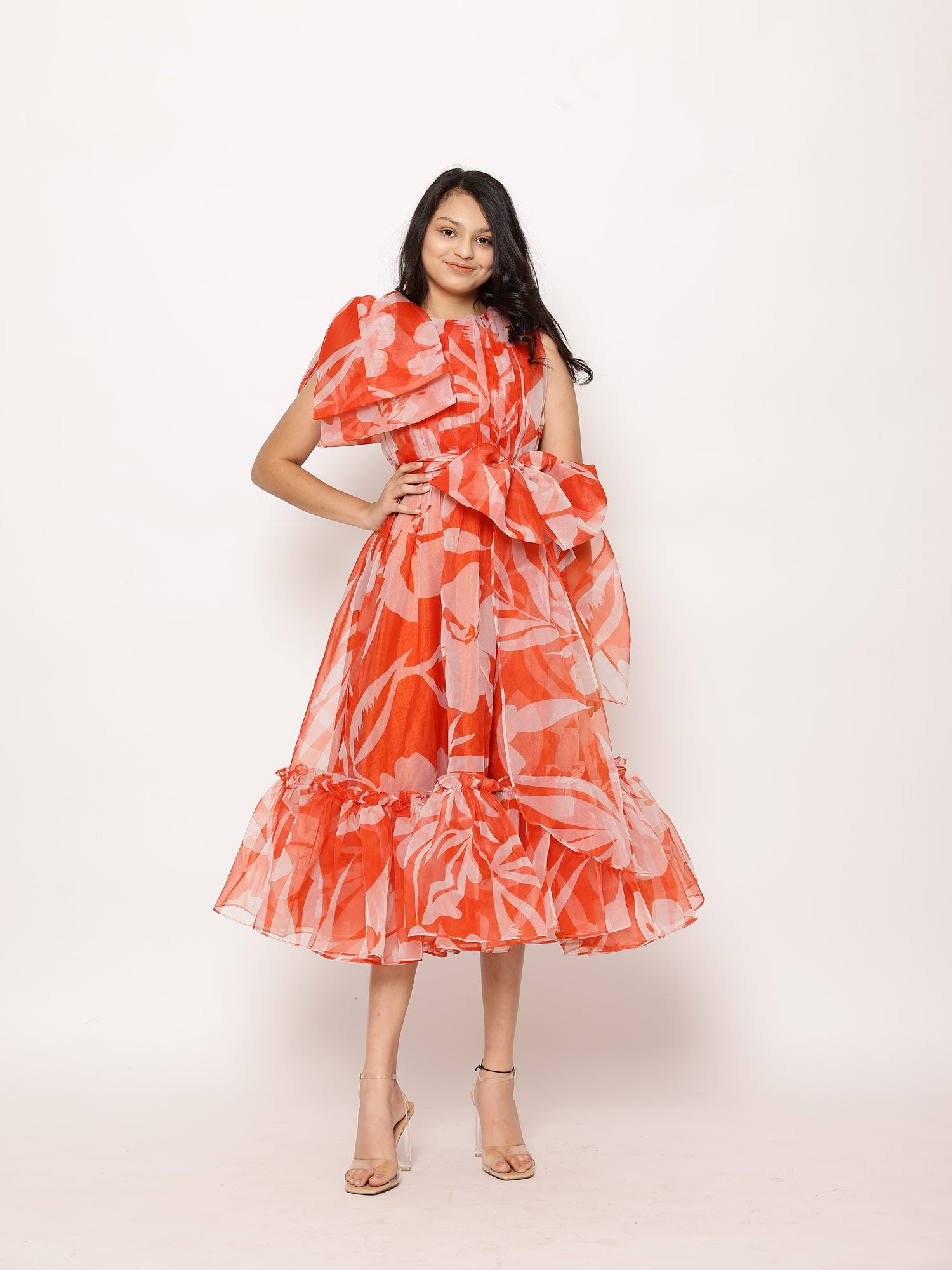 Janyas Closet Lora Floral Print Tea-Length Ruffled Dress