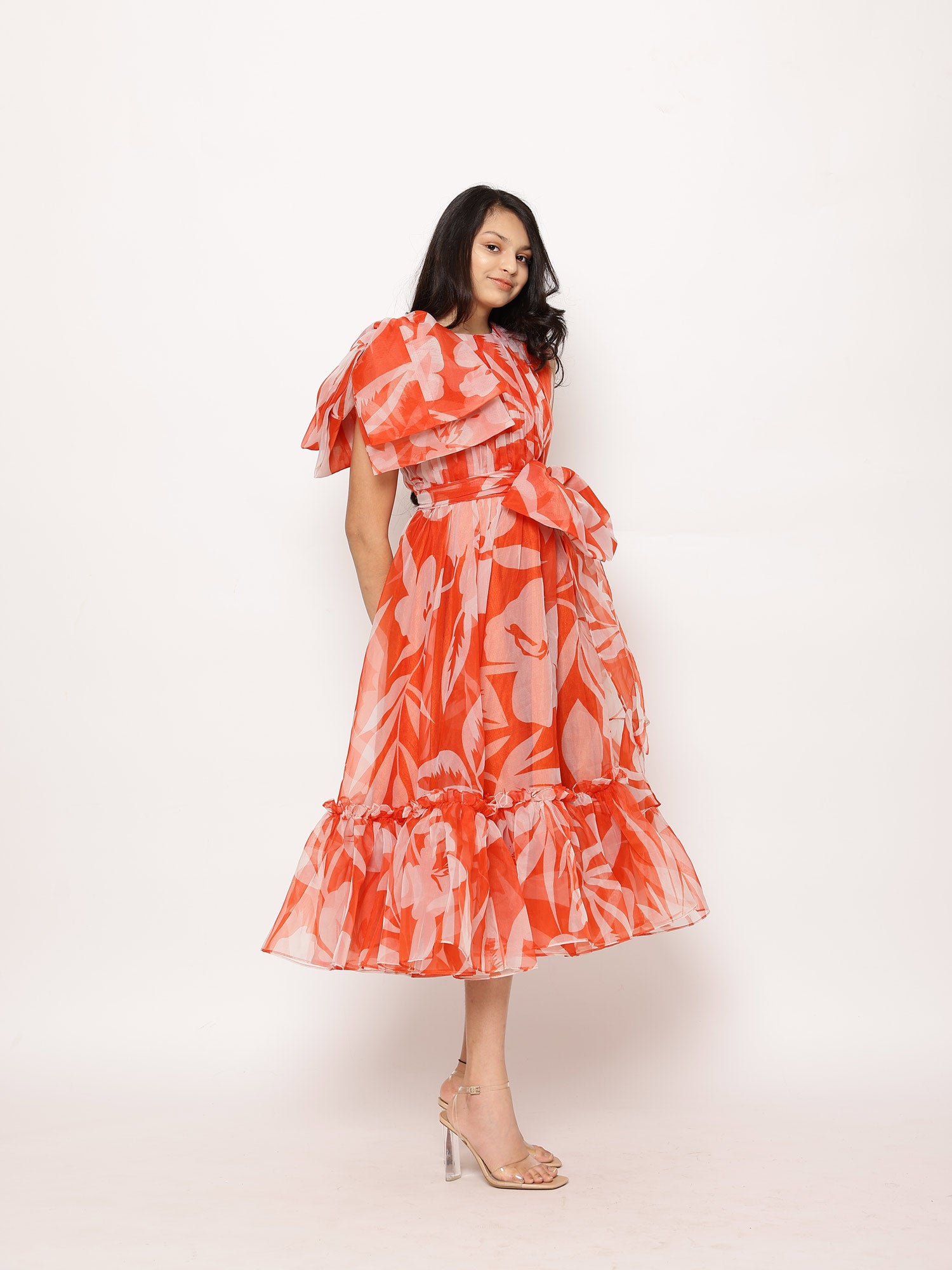 Janyas Closet Lora Floral Print Tea-Length Ruffled Dress