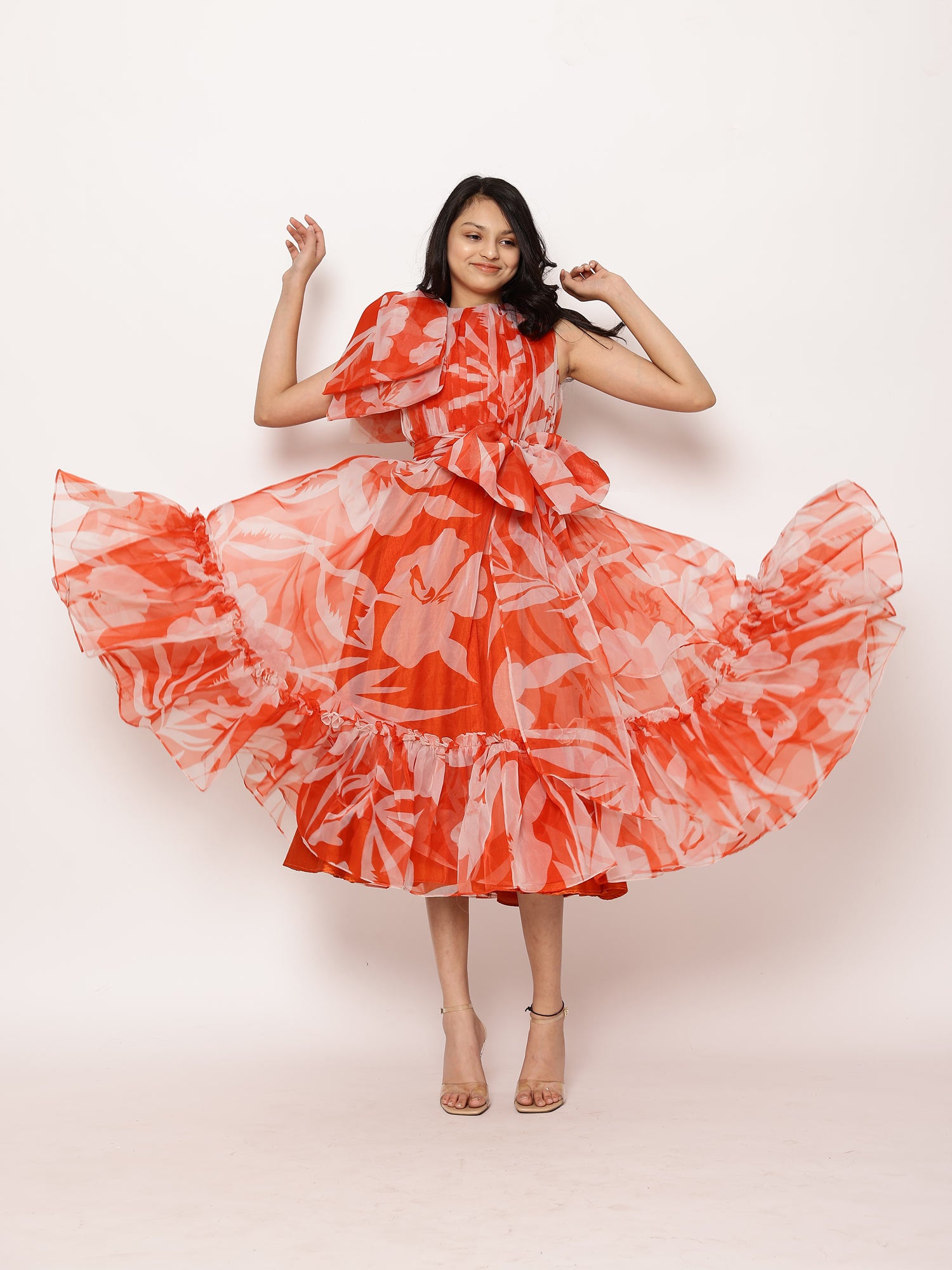 Janyas Closet Lora Floral Print Tea-Length Ruffled Dress