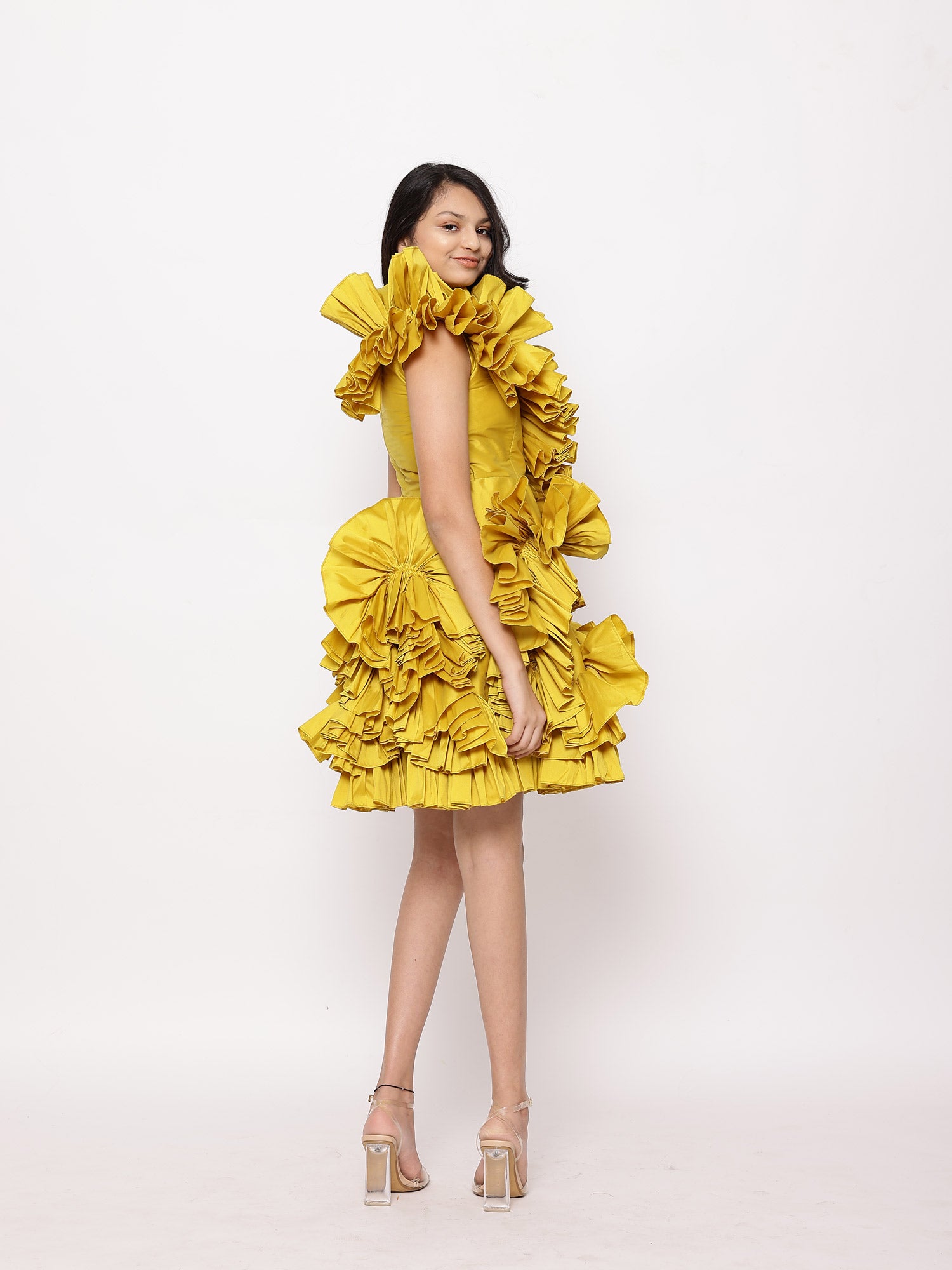 JANYAS CLOSET Yellow Tafetta Ruffle Dress