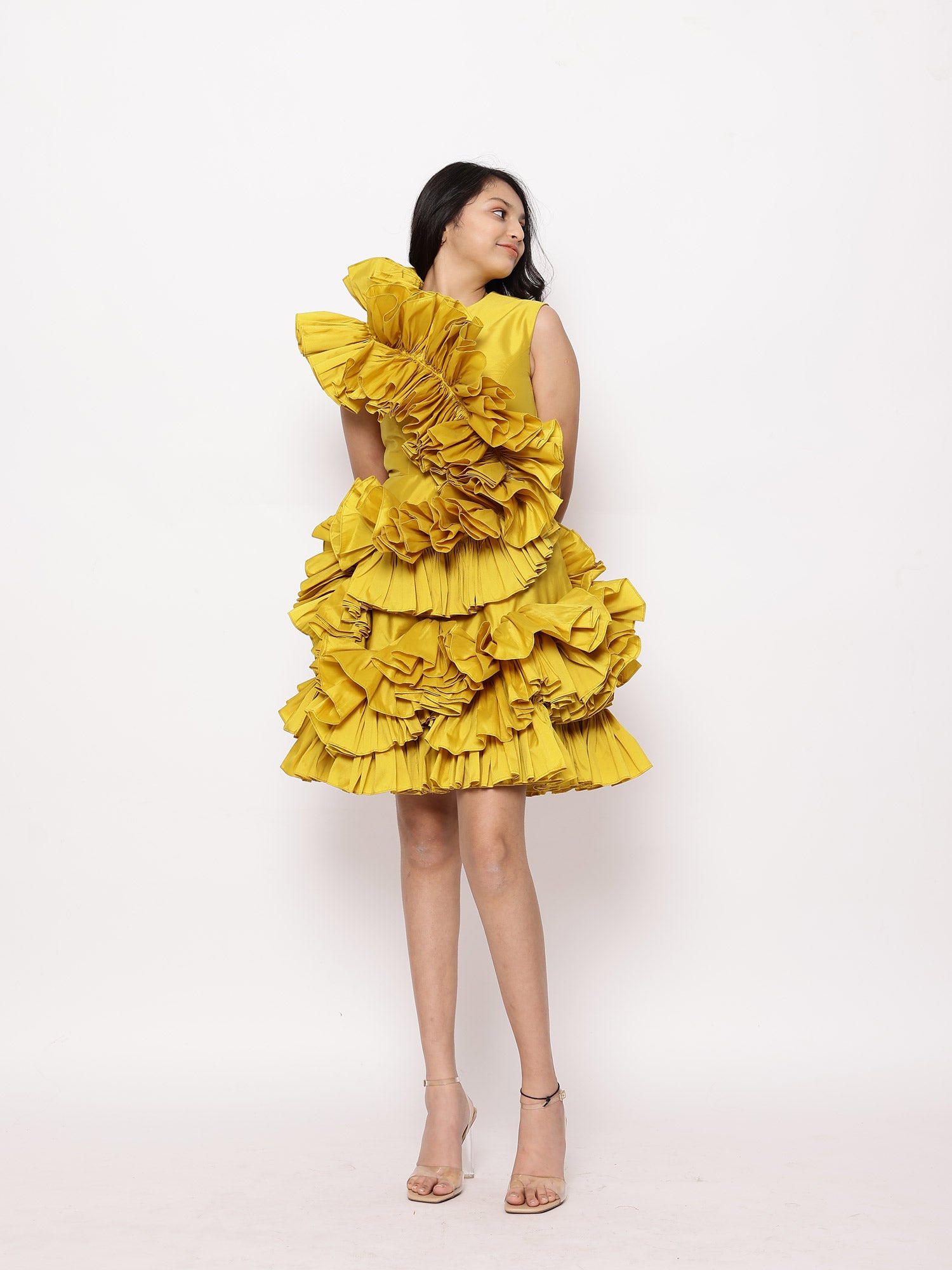 JANYAS CLOSET Yellow Tafetta Ruffle Dress