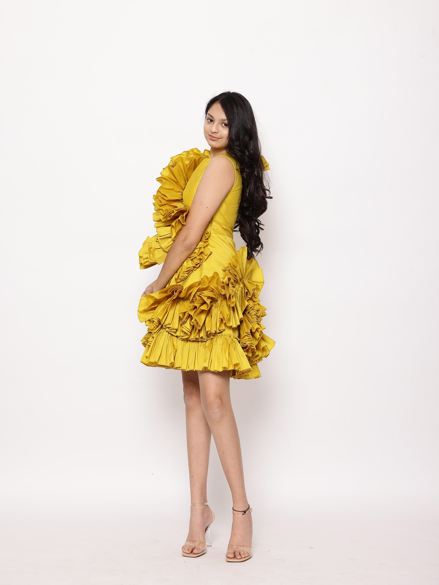 JANYAS CLOSET Yellow Tafetta Ruffle Dress