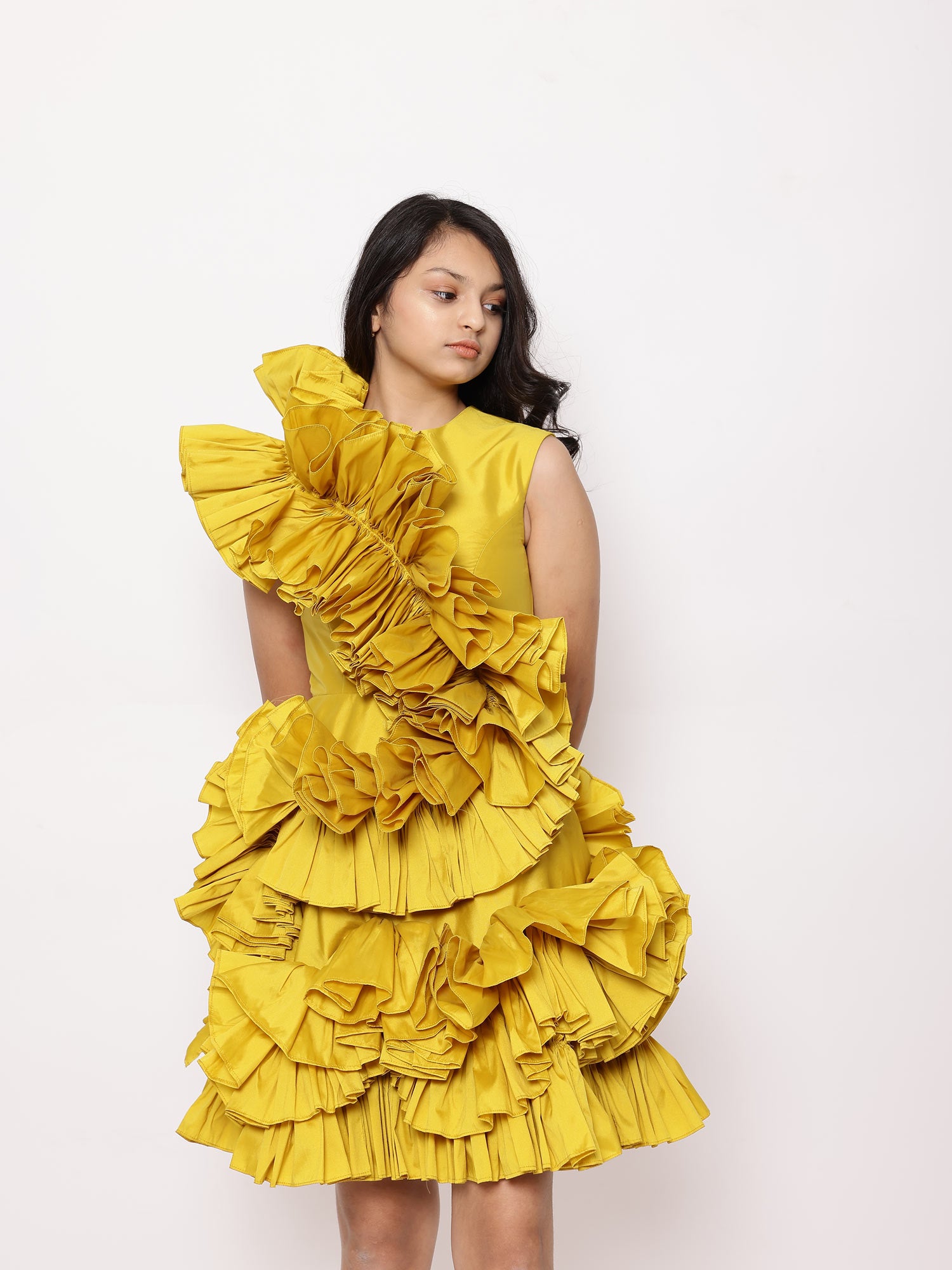 JANYAS CLOSET Yellow Tafetta Ruffle Dress