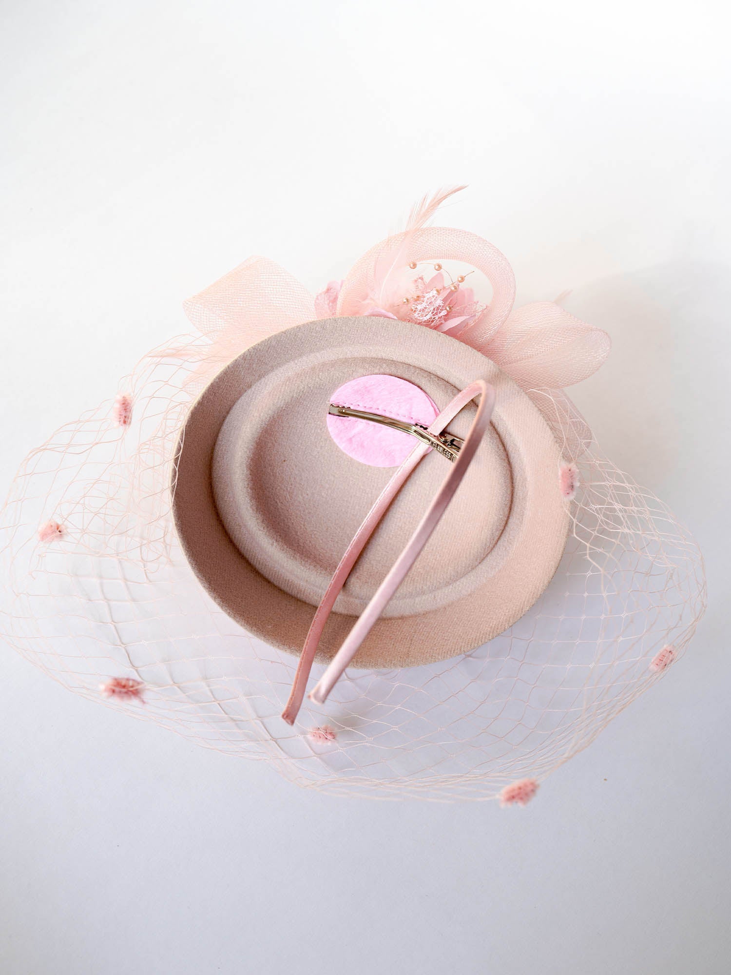 Janyas Closet Vintage Dusty Pink Derby Hat with Veil Hair Clip And Hair Band