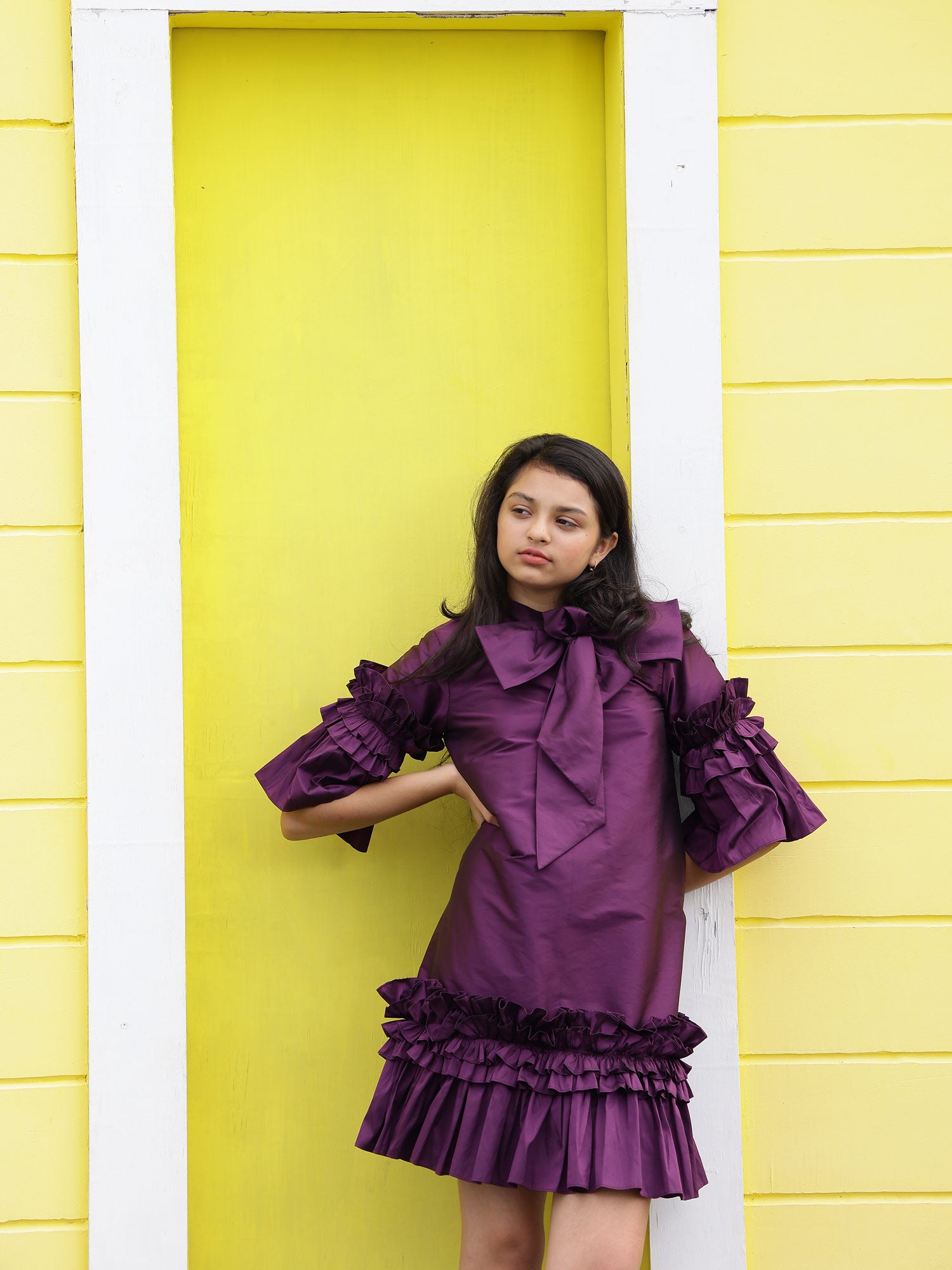 Janyas Closet Teen Purple Ruffle Dress with Bow Tie Collar