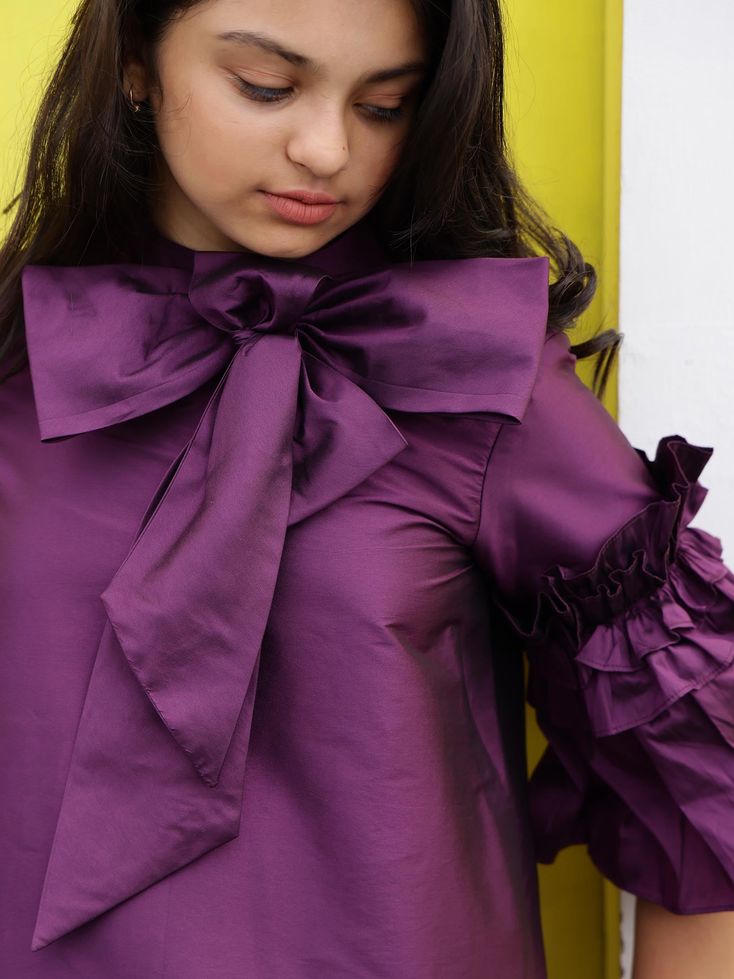 Janyas Closet Teen Purple Ruffle Dress with Bow Tie Collar