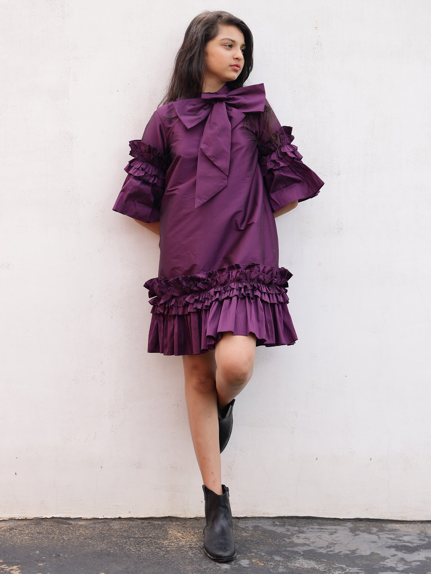 Janyas Closet Teen Purple Ruffle Dress with Bow Tie Collar